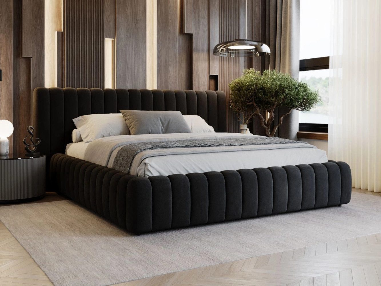 GrainGold Polsterbett mit Bettkästen BLISS, Modern Bett mit Kopfteil - 140x200 cm, Schwarz (1x Bett)