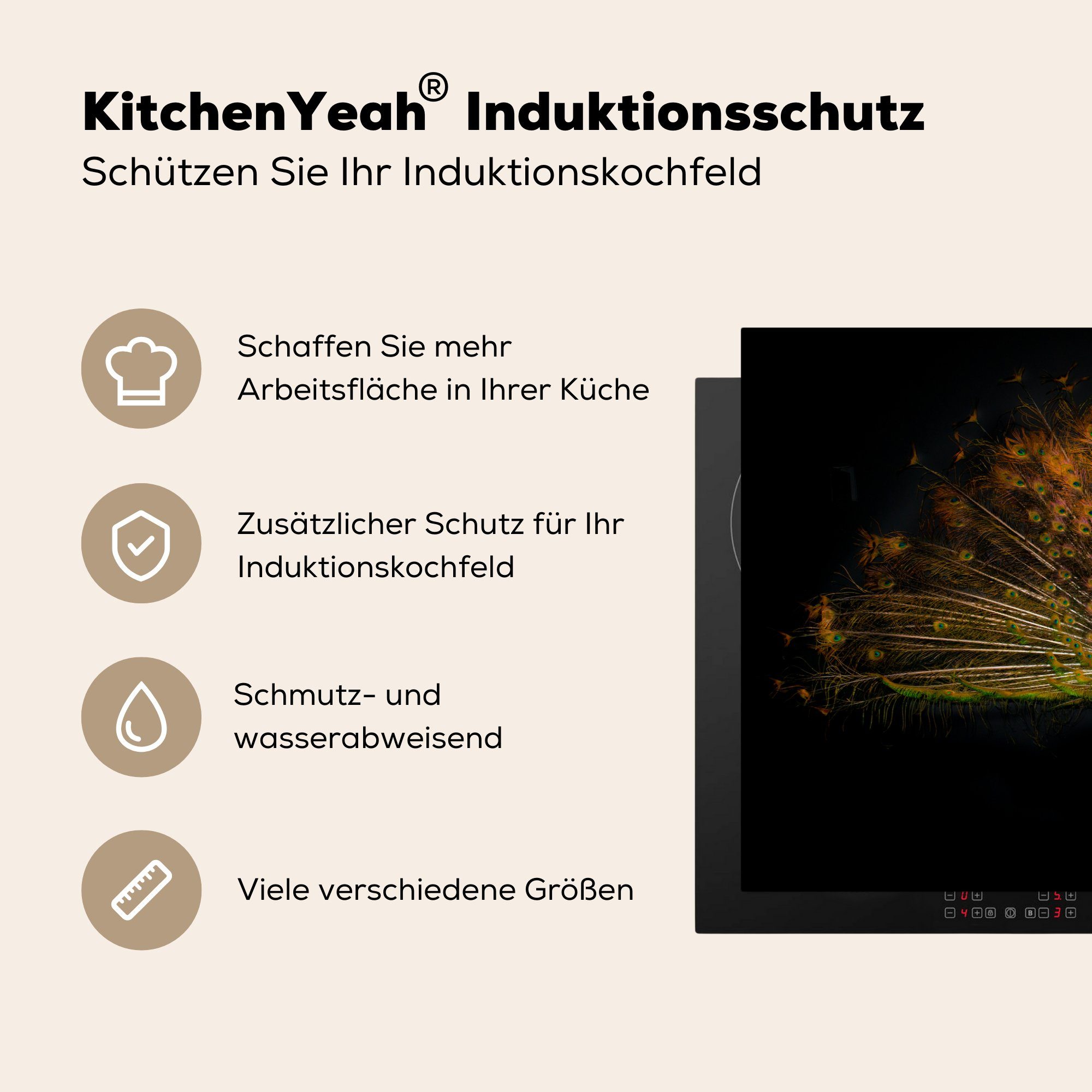 Vinyl, Federn - die 81x52 Herdblende-/Abdeckplatte Nacht, Schutz MuchoWow cm, küche, tlg), Induktionskochfeld (1 Pfau Ceranfeldabdeckung - für