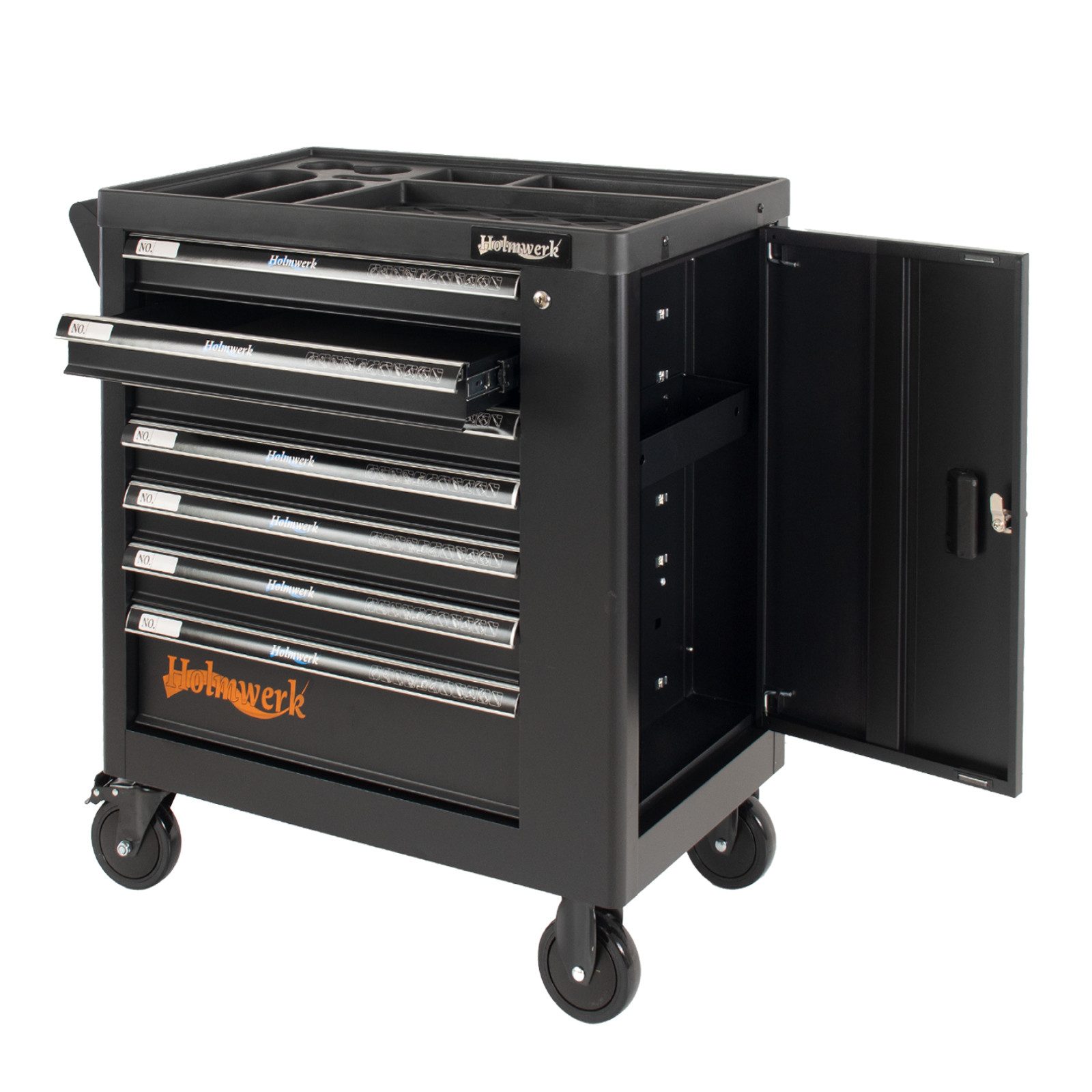 Holmwerk Тележка для мастерских Werkzeugwagen 7 Schubladen leer schwarz Montagewagen Assistent, kugelgelagerte Auszüge, max. Traglast:400 kg, (Artikel, 1-tlg), mit praktischem Schiebegriff