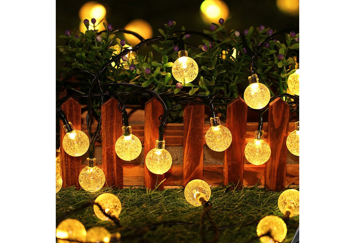FIVMEN LED-Lichterkette Kugel Warmweiß Kristall Kugeln Lichterkette, 8 Modi Lichterkette für Garten, Terrasse, Party, Balkon Deko