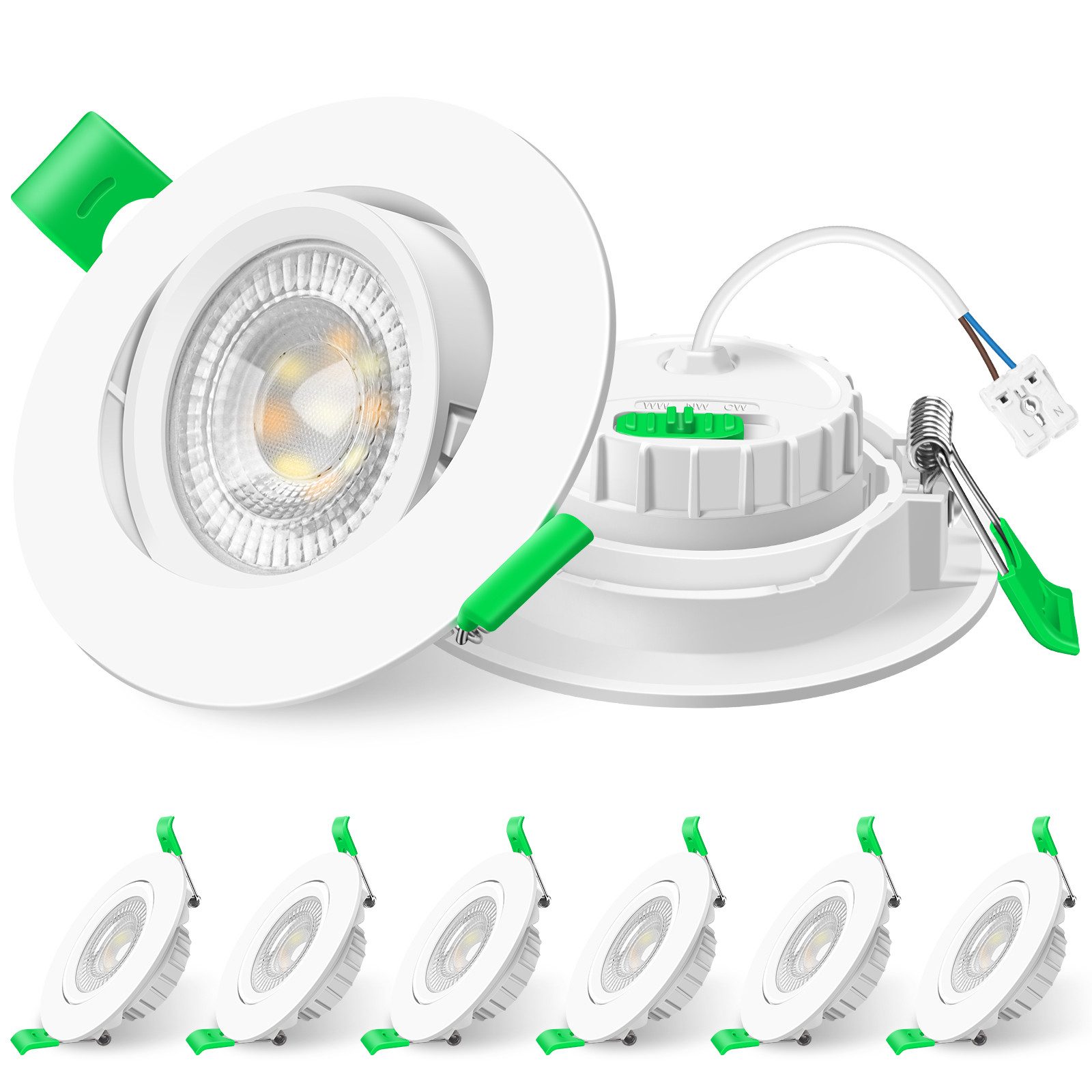 ALUSSO LED Einbauleuchte 6er-Set, ED-Einbau-Spot, 6W, 3CCT, schwenkbar, Ø76/25mm, 3000K/4000K/6500K, 540lm, weiß