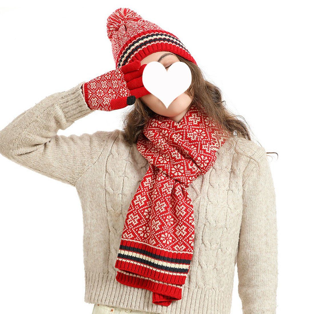 DÖRÖY Strickmütze Unisex Winter Vintage Wollmütze, Mütze, Schal, Handschuhe 3er Set rot