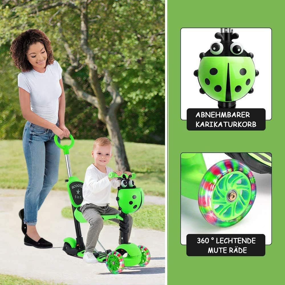 YOLEO Sitzscooter 5 in 1 Kinder Roller Scooter mit Sitz LED Räder ab 2 Jahre