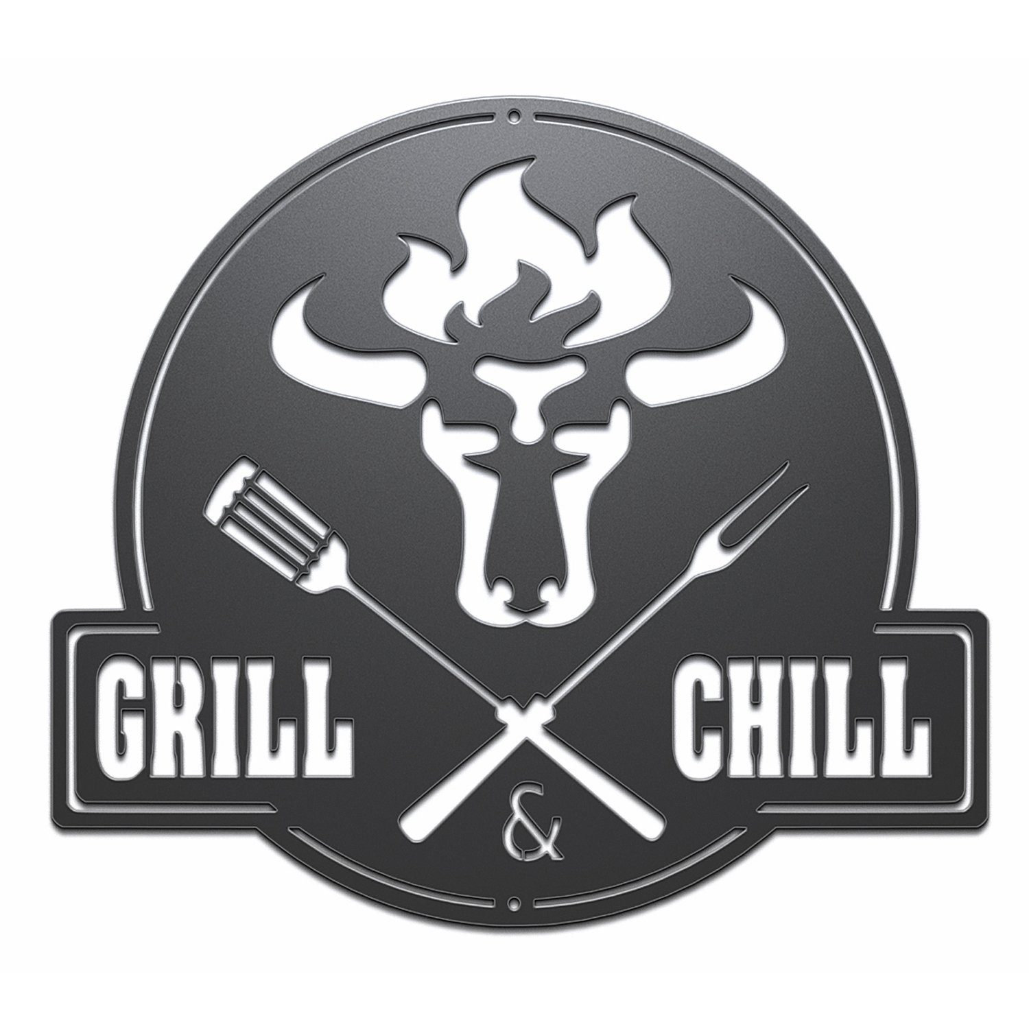 tuning-art Wanddekoobjekt GC02-B Grill Schild Bulle + Grill & Chill Stahl Schwarz Grill&Chill Schwarz | Wandobjekte