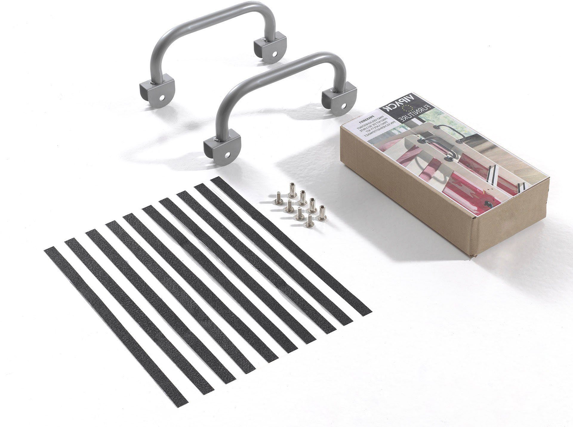 Vipack Bügelgriff Pino, Metall-Haltegriffe zur nachträglichen Montage am Bett (B/H/T ca. 2,4x24x8,5cm, inkl. Anti-Rutsch Tape für die Stufen), kann bei Betten der VIPACK Serie Pino an der Leiter montiert werden