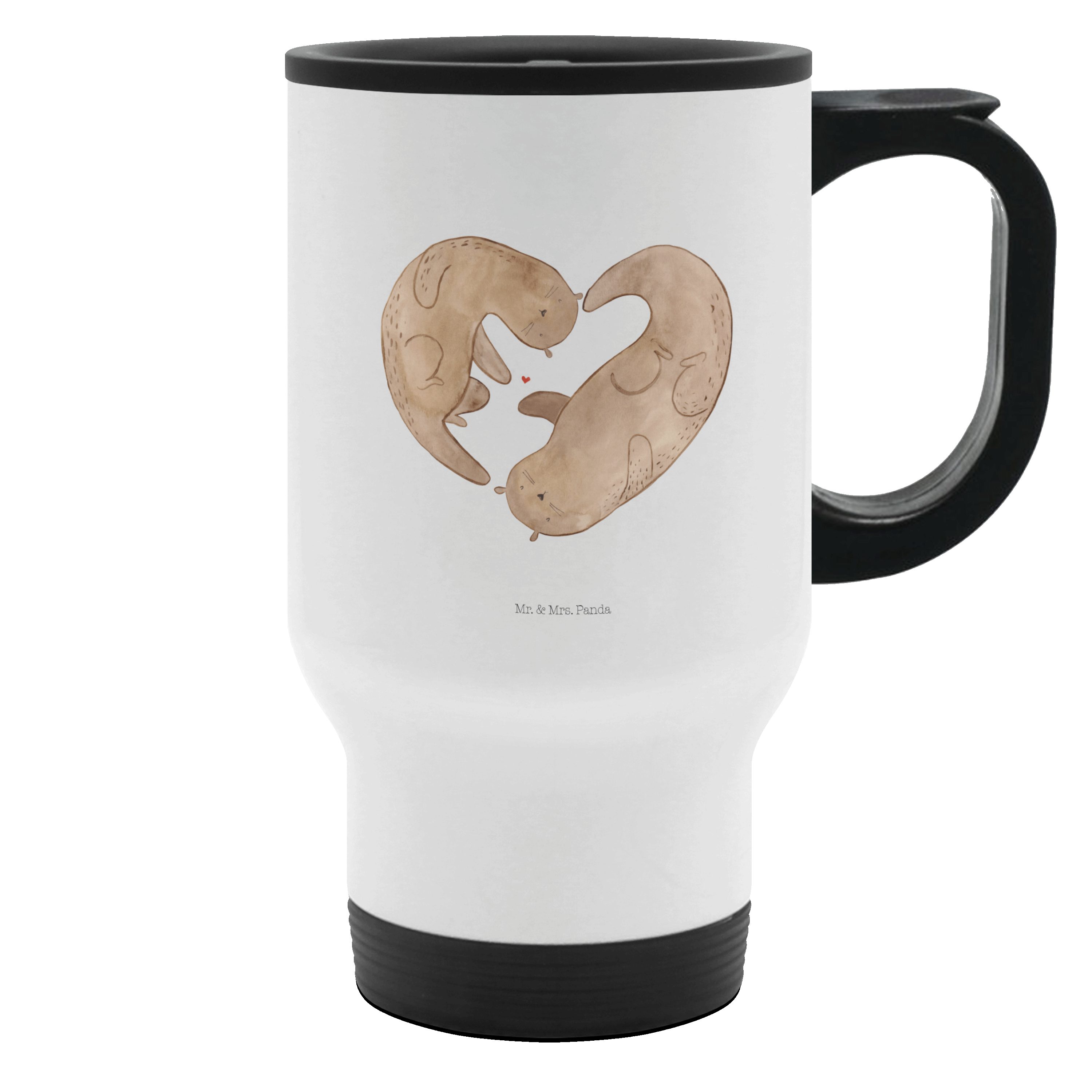 Mr. & Mrs. Panda Thermobecher Otter Herz - Weiß - Geschenk, Warmhaltetasse, Fischotter, Thermotasse, Edelstahl