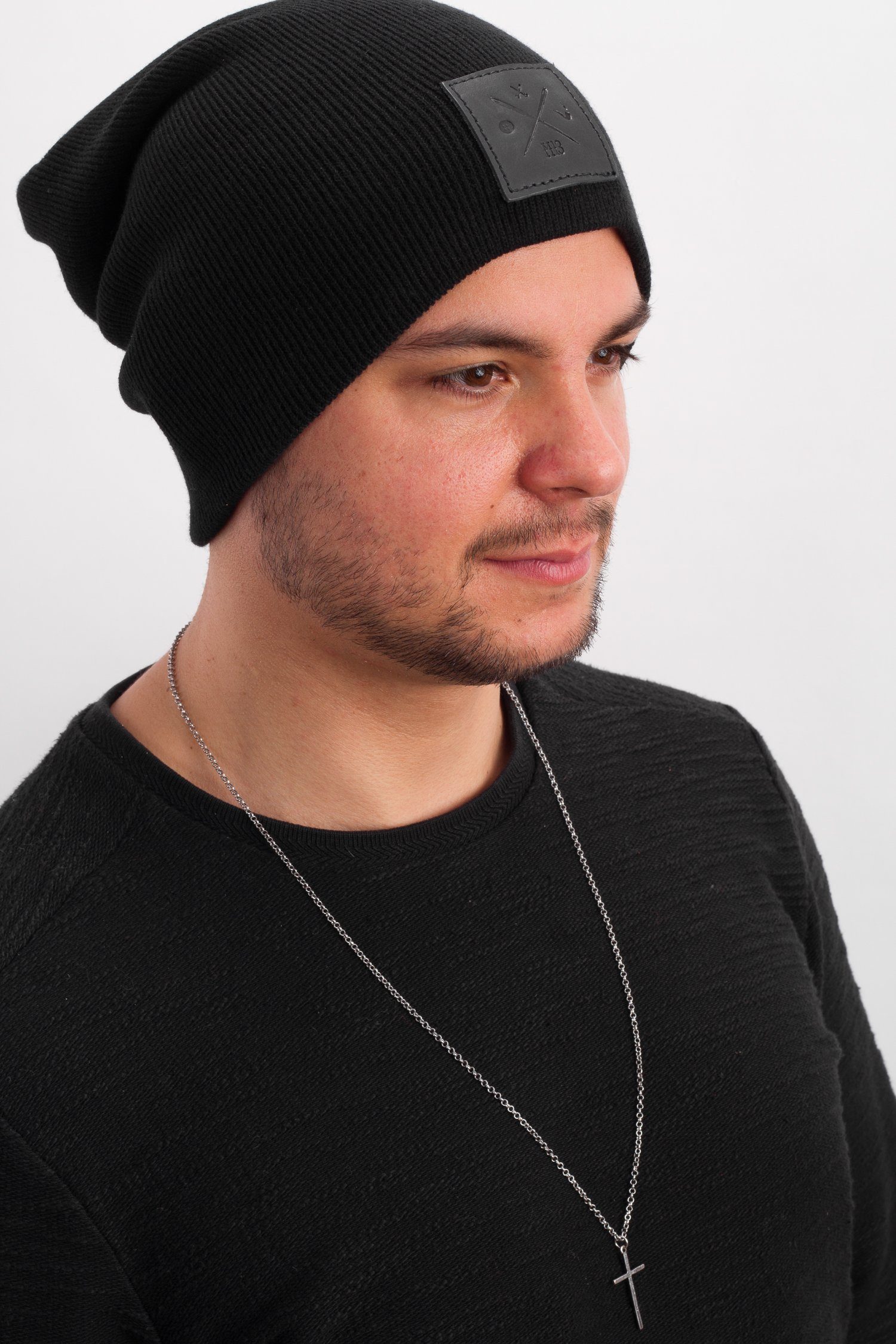 Veredelung Slouch Beanie - Manufaktur13 mit Strickmütze Out Beanie Mütze, Black Long Beanie, Echt-Leder/Stick lang,