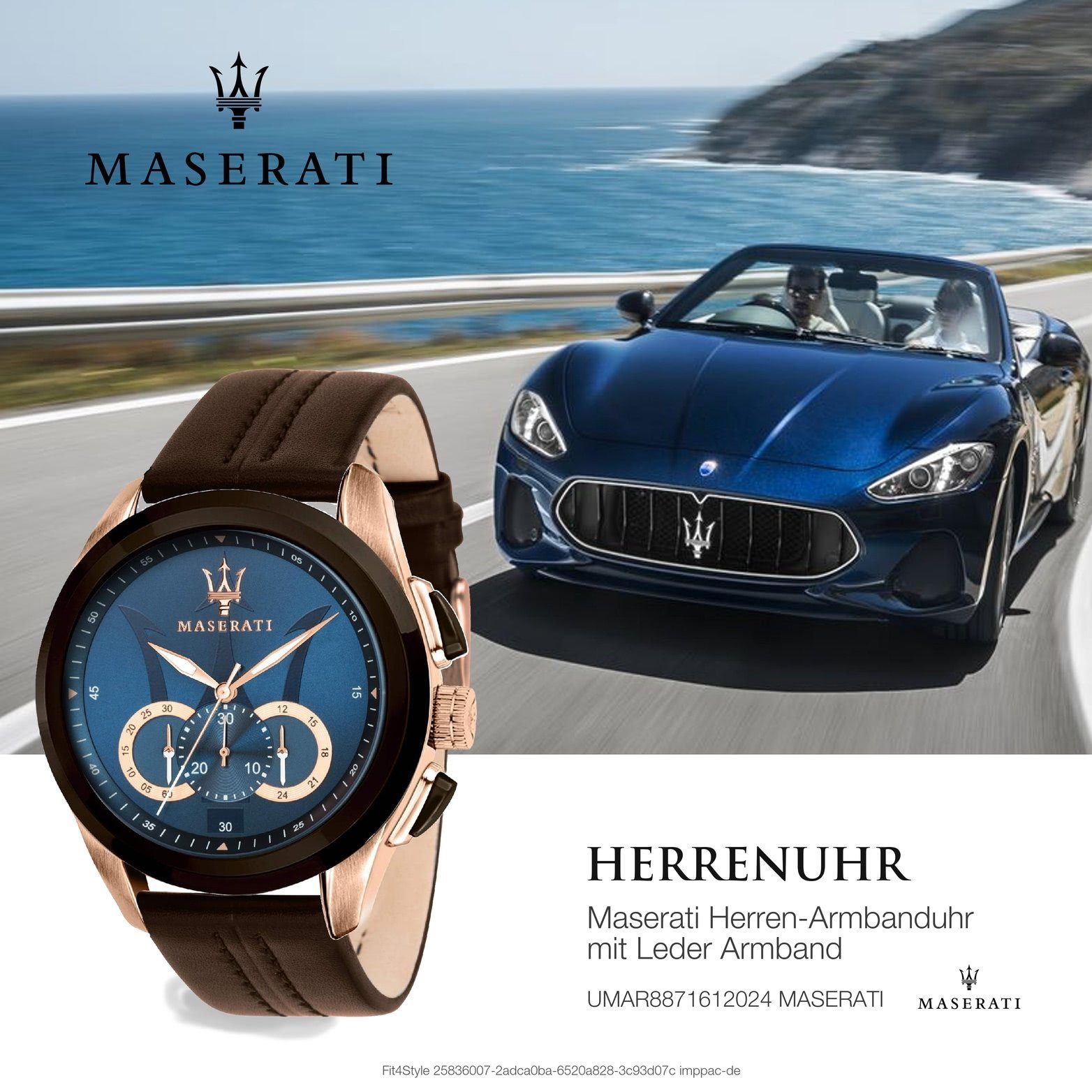 MASERATI Chronograph 55x45mm) Leder Armband-Uhr, groß blau Herrenuhr Maserati (ca. rundes Gehäuse, Lederarmband
