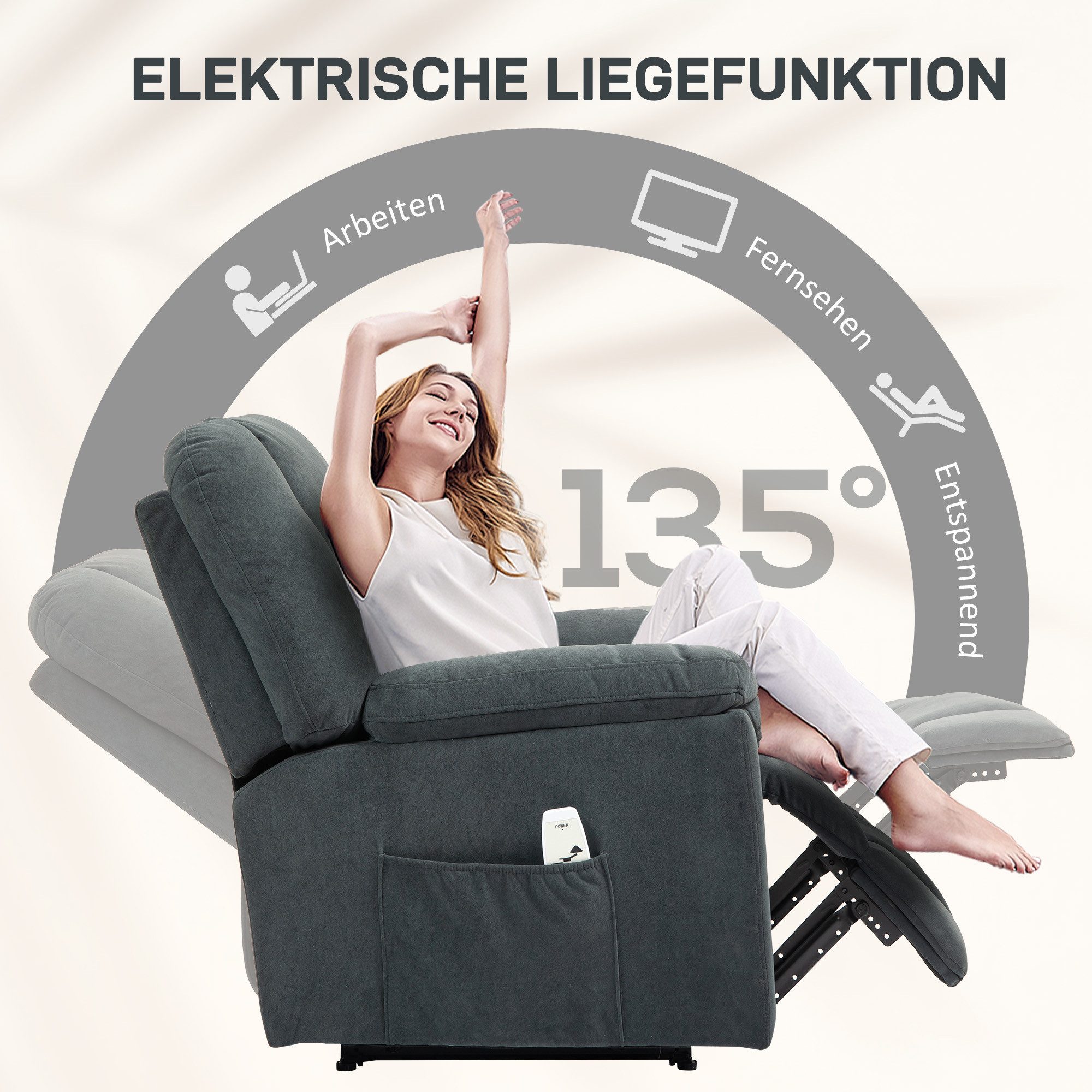 HOMCOM Relaxsessel Relaxsessel Fernsehsessel mit Liegefunktion Wärmefunktion (Liegesessel mit Seitentasche Fußteil, 1-St., Massagesessel), mit USB-Anschlüsse TV – Bild 5 von 5