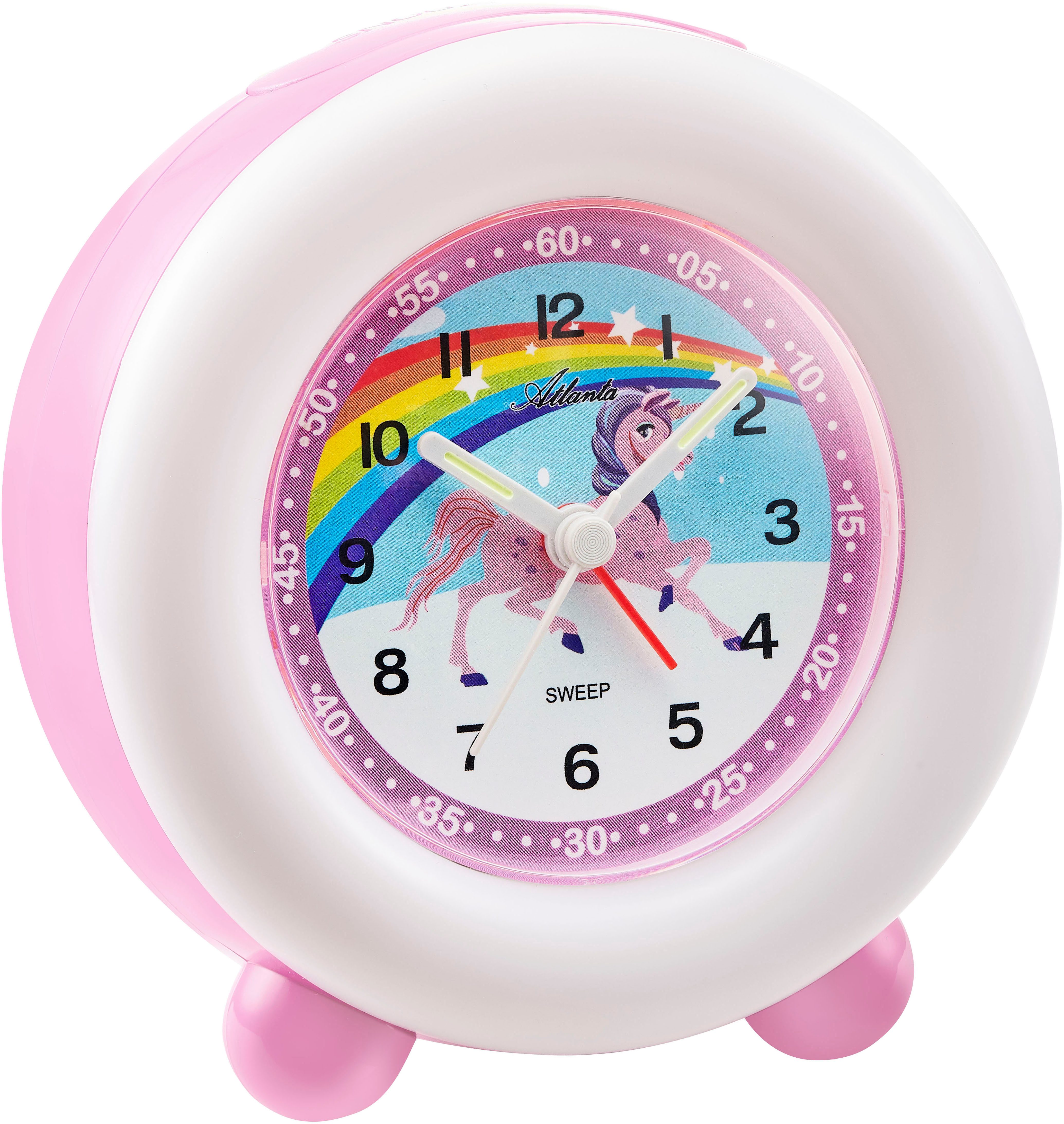 Atlanta Kinderwecker ideal für Reisen, Geschenkidee, Leuchtzeiger, Regenbogen, Einhorn