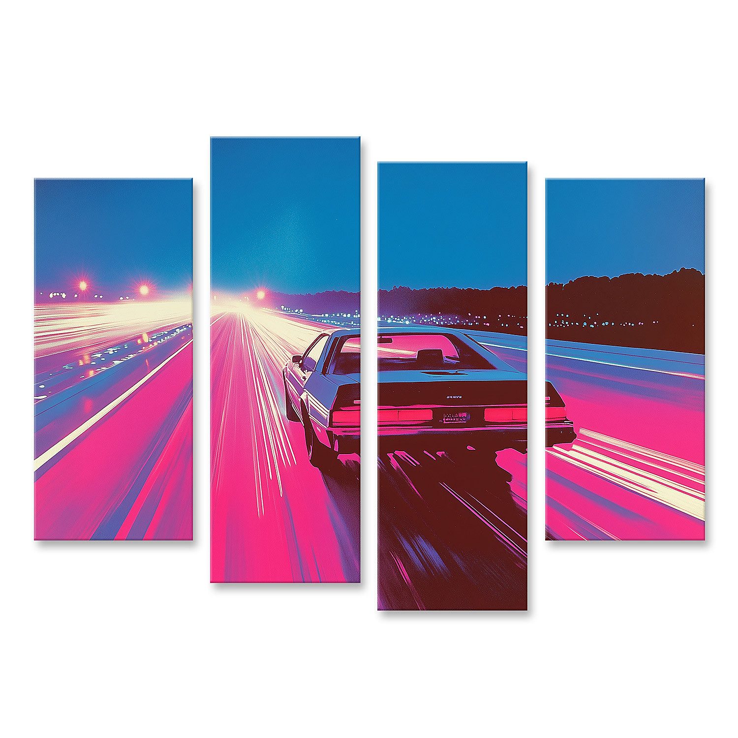 islandburner Leinwandbild Rasantes Retro Auto auf einer beleuchteten Autobahn bei Nacht