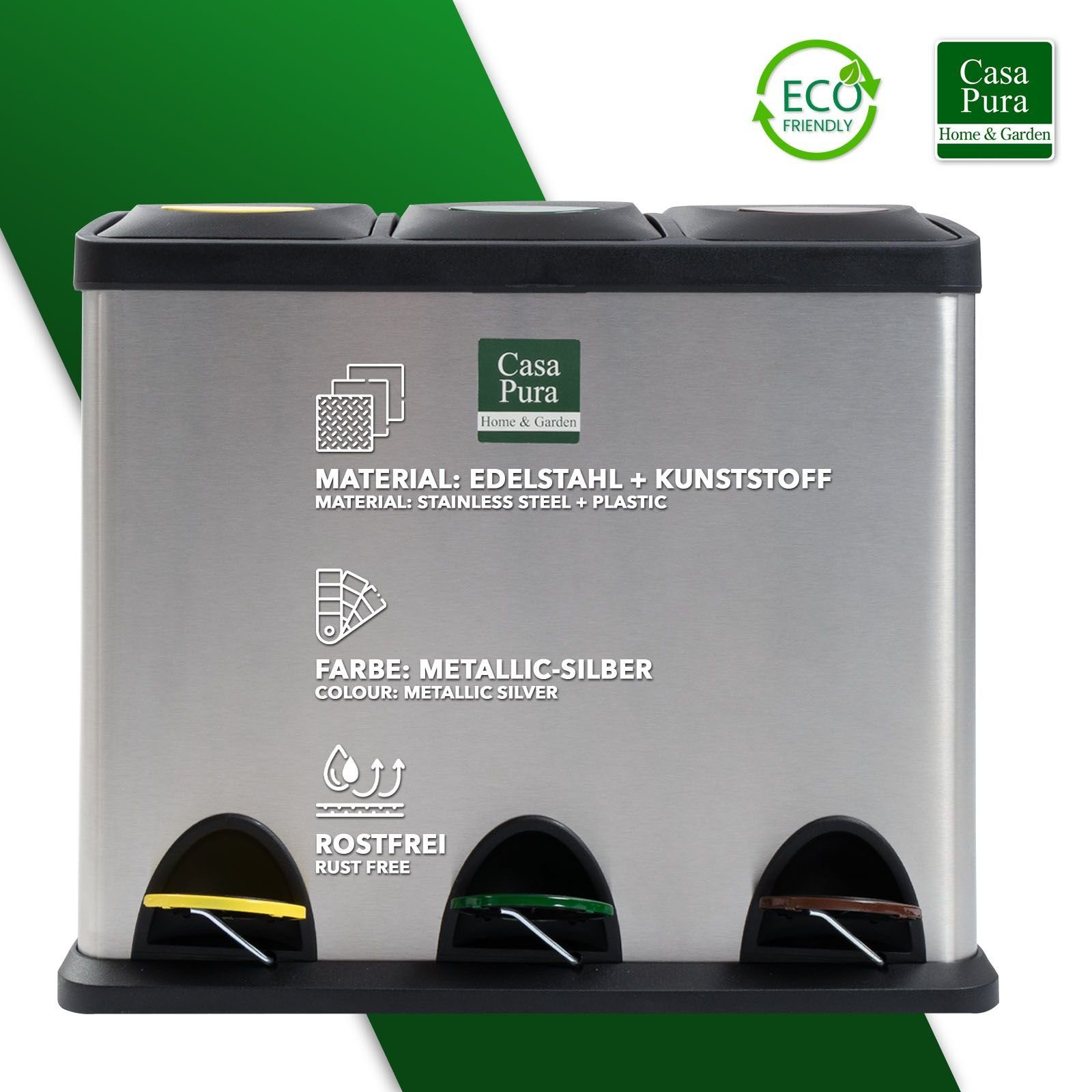 Floordirekt Mülleimer Küche, Trennsystem Brandon mit 3 Fächer, Edelstahl Abfalleimer, Farbmarkierungen für Mülltrennung - 3x 8L – 24L inkl. Müllbeutel