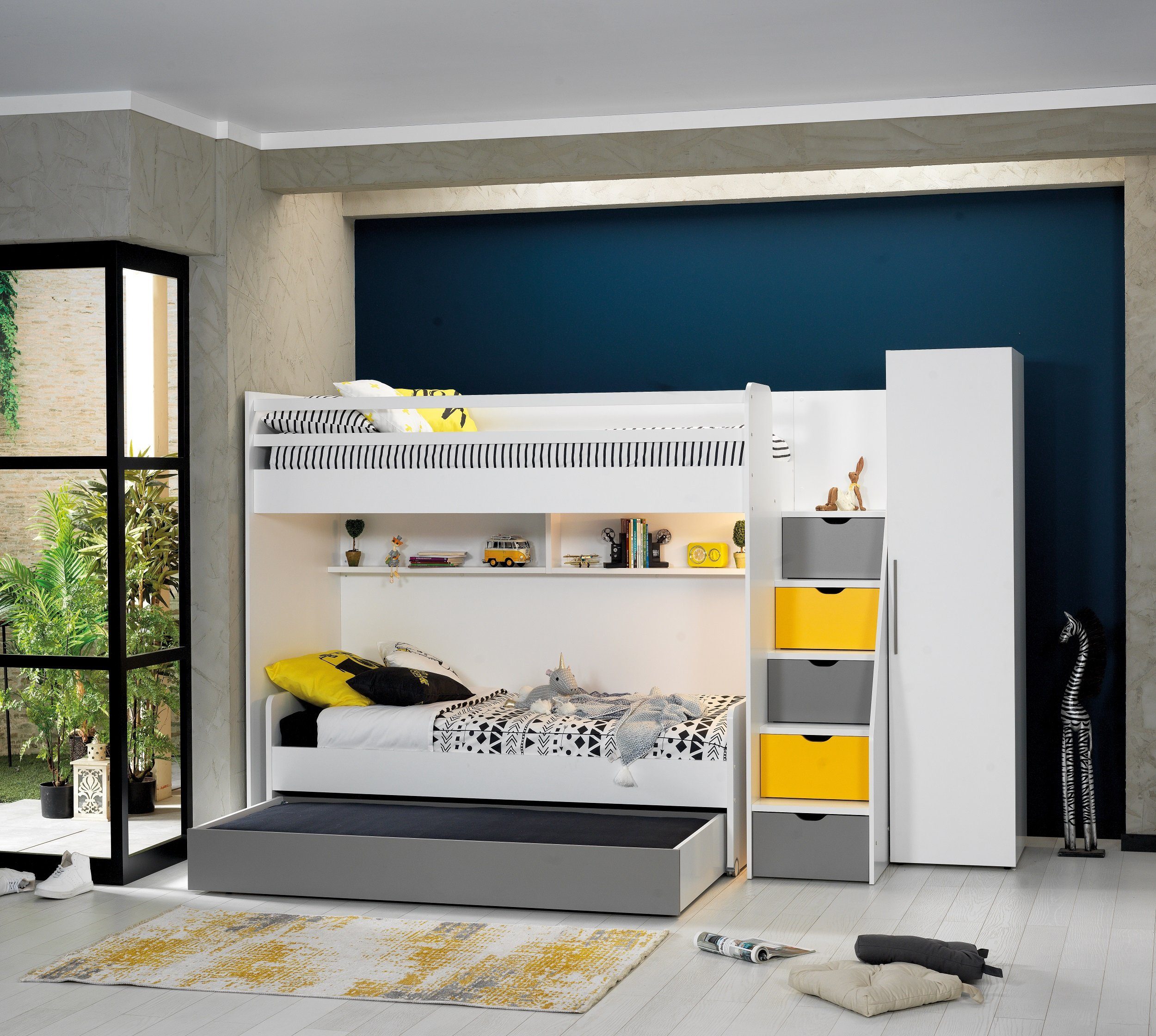 Möbel-Lux Hochbett Neo (Set, 4-St., Hochbett, Jugendbett auf Rollen,  Bettkasten, Kleiderschrank 1-türig) mit 3 Schlafmöglichkeiten