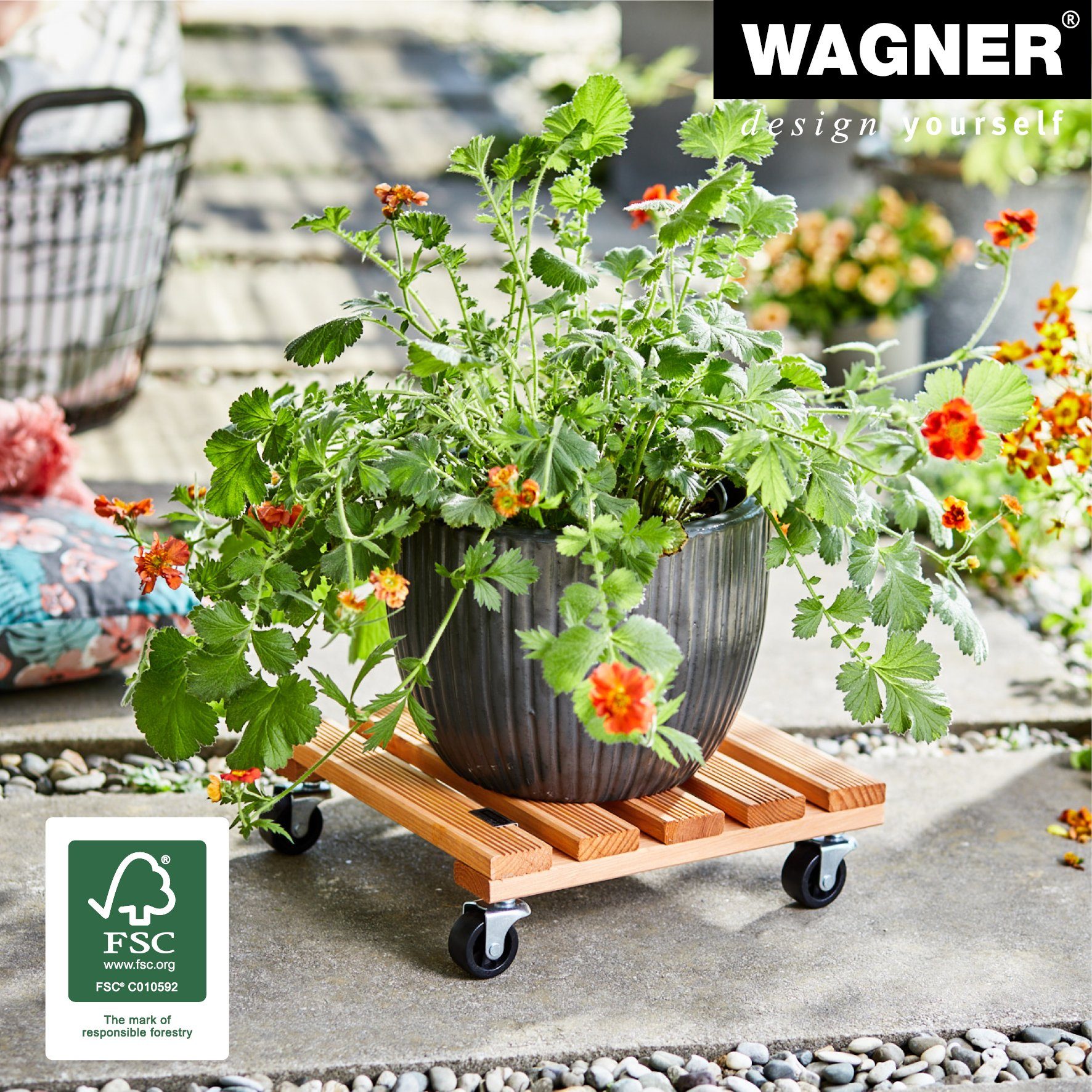 WAGNER design yourself Pflanzenroller TOSCANA diverse Größen I für außen & innen I rund & eckig I FSC® Massivholz, geriffelt, terracotta I Tragkraft 150 kg - Made in EU