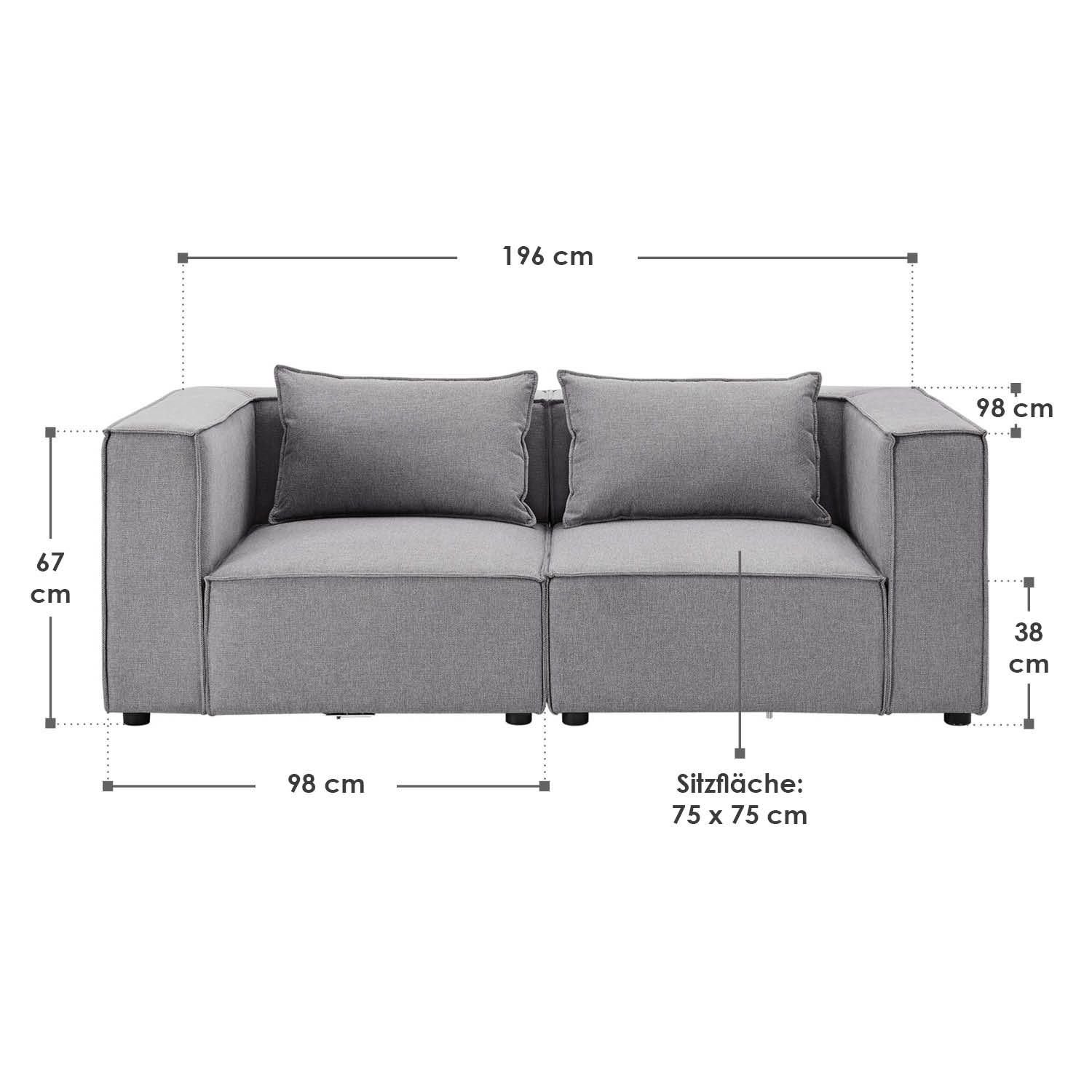 2-Sitzer für Kissen Couch & Juskys mit 2 Garnitur Wohnzimmer, Domas, S, Armlehnen modulare Teile,