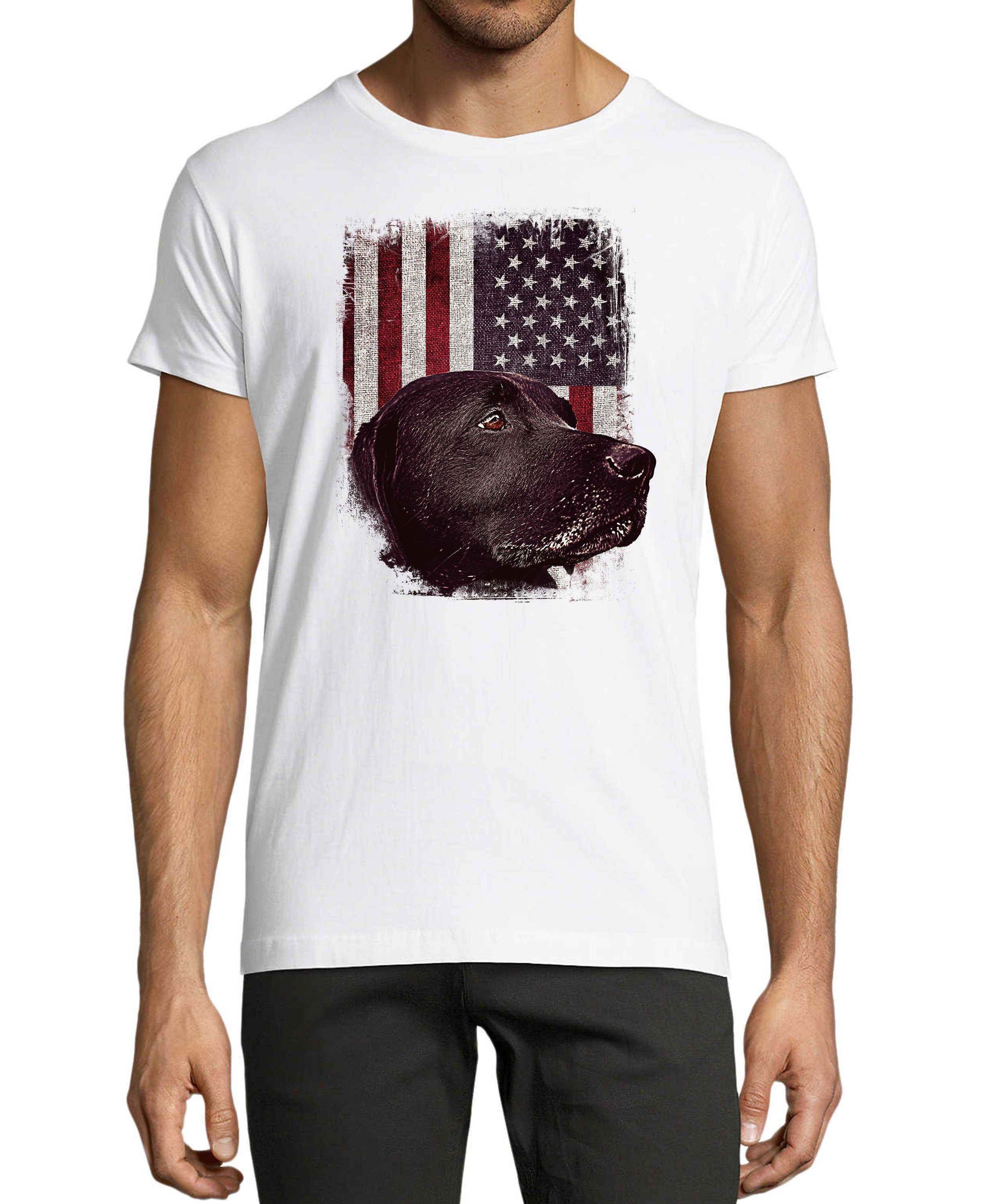 MyDesign24 T-Shirt Herren Hunde Print Shirt - Schwarzer Labrador vor USA Flagge Baumwollshirt mit Aufdruck Regular Fit, i246 weiss
