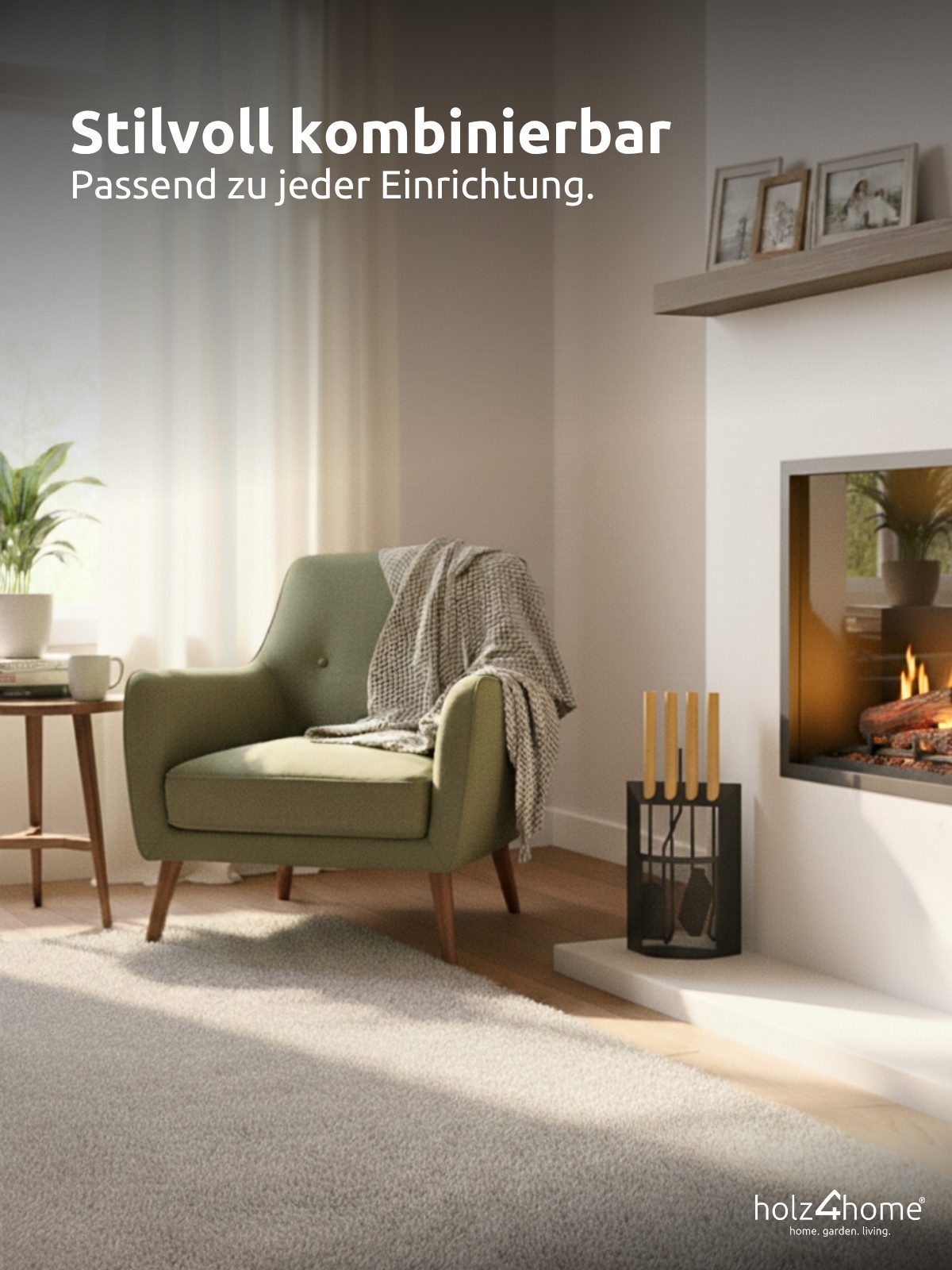 holz4home® Kamingarnitur Kaminbesteck 6-tlg. Schwarz mit Holzgriff inkl. Ofenhandschuh, (6. tlg), Komplettset