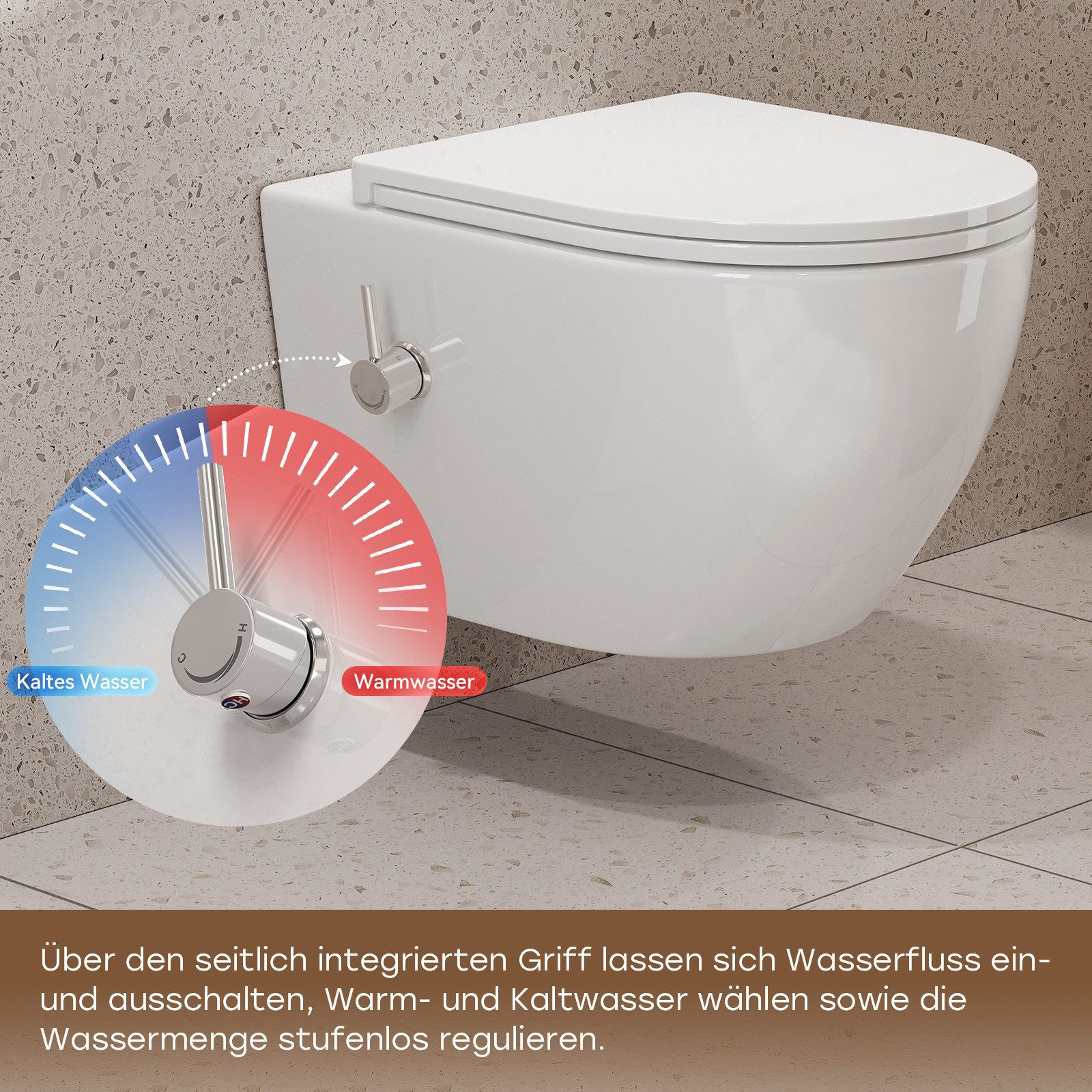 HOROW Dusch-WC Taharet -WC mit Softclose Toilettensitz, spülrandlose Toilette, Toilette mit Bidet-Funktion, Abgang waagerecht, Set, Wand-WC mit WC-Sitz Absenkau – Bild 4 von 5