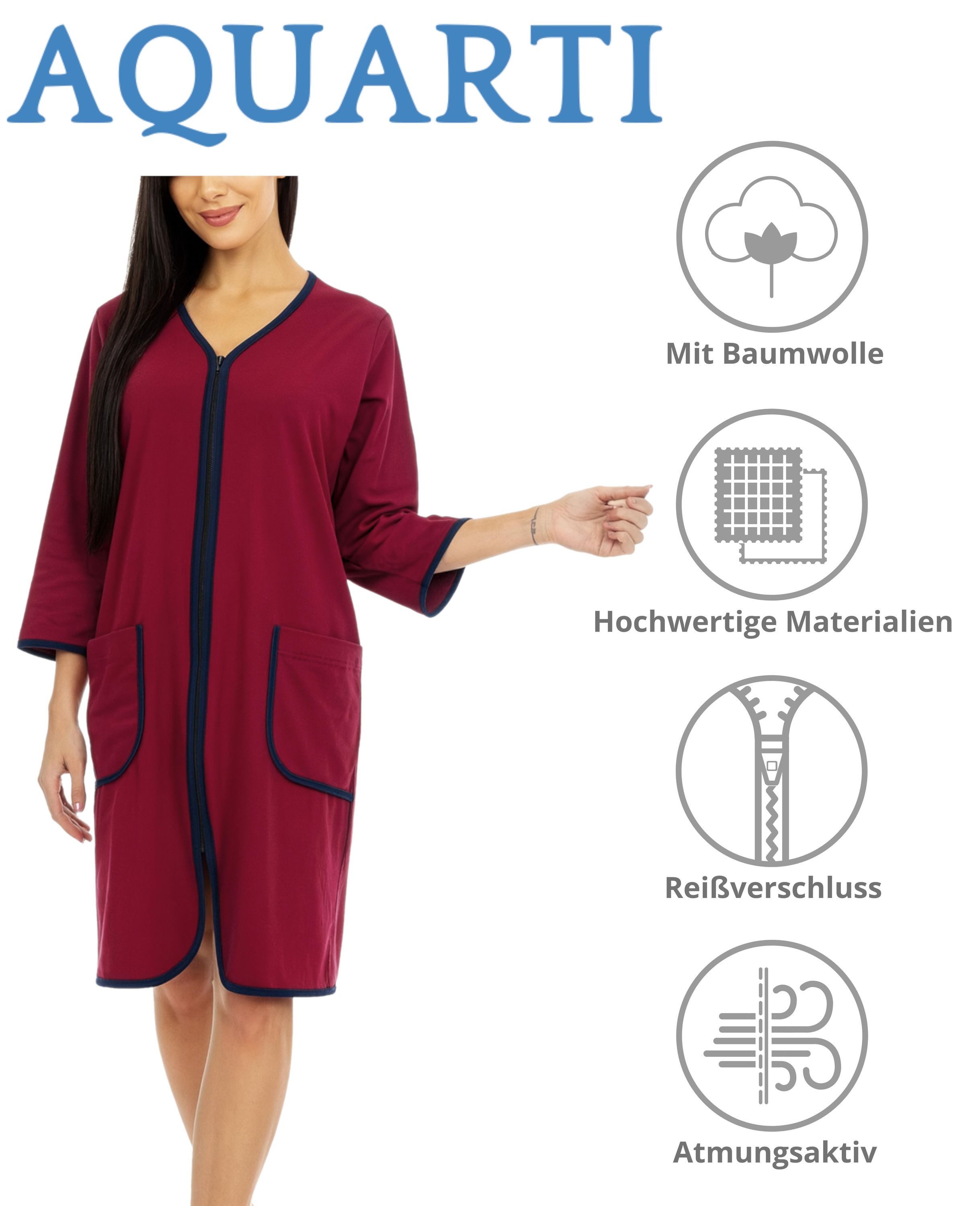 Aquarti Damenbademantel Damen Bademantel Morgenmantel Reißverschluss Hausmantel 3/4 Ärmel