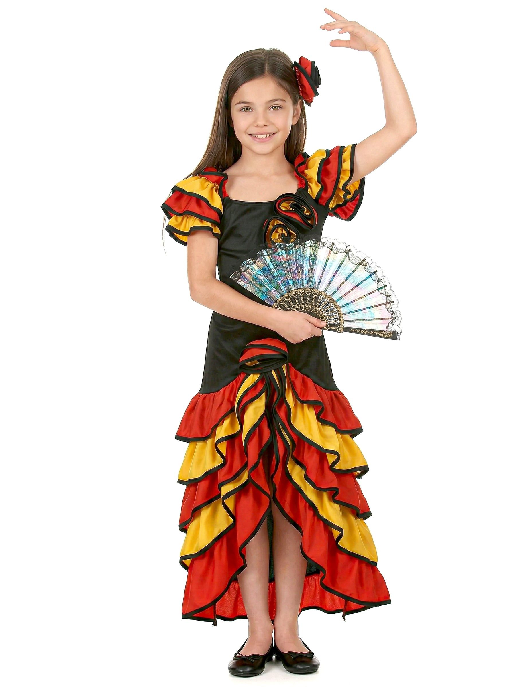 Kostüm Flamenco-Tänzerin Mädchenkostüm schwarz-rot-gelb