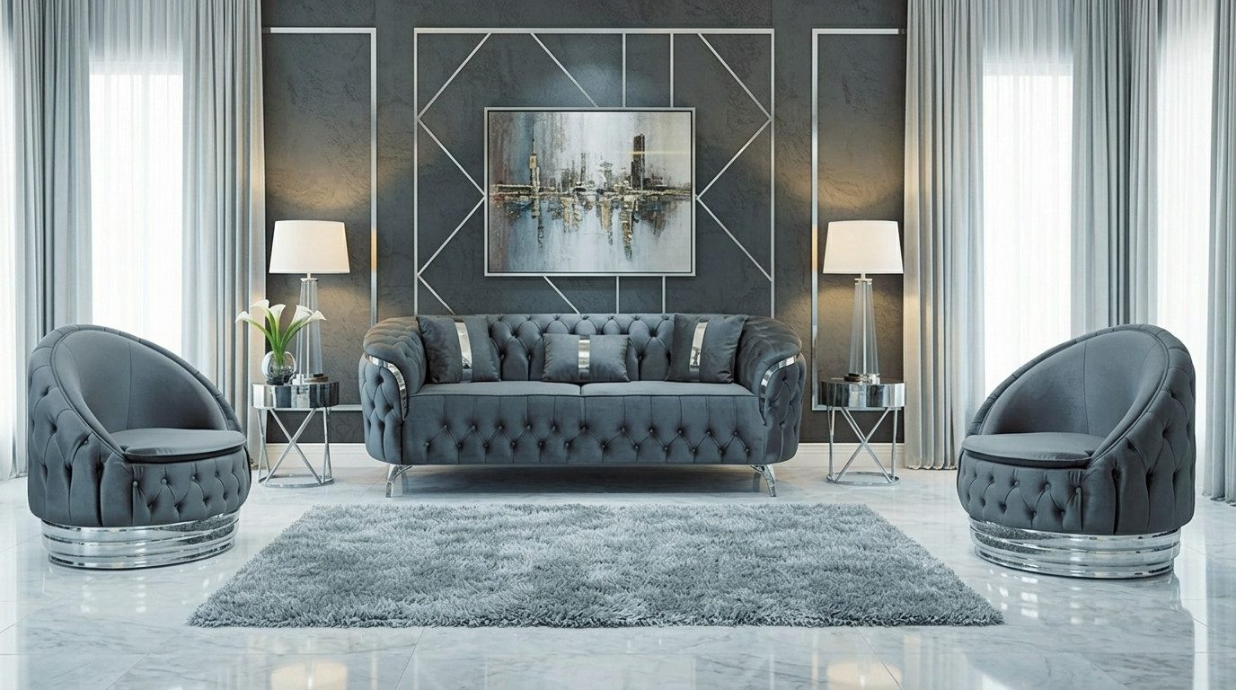 JVmoebel Chesterfield-Sofa Stylische Blaue Chesterfield Stoffgarnitur 2x Relax Einsitzer 3-er, 3 Teile, Made in Europa