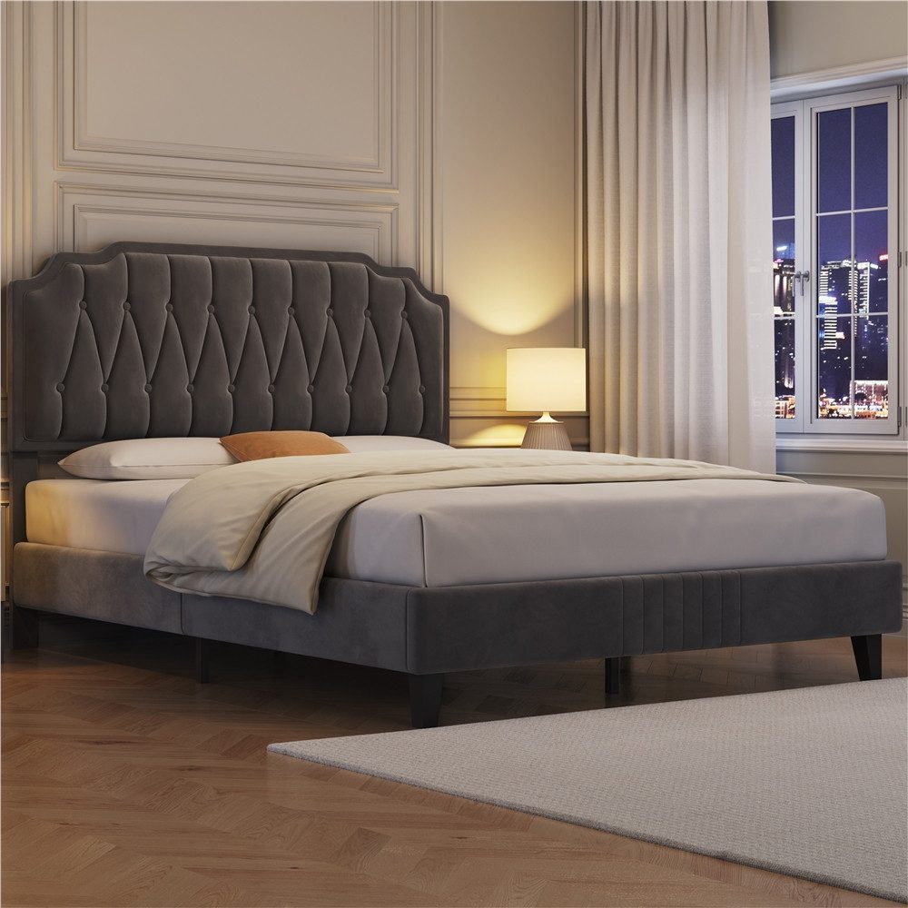 Yaheetech Polsterbett Bettgestell 140/160 × 200 cm, Doppelbett 140 × 200 cm mit höhenverstellbarem Kopfteil, Dunkelgrau