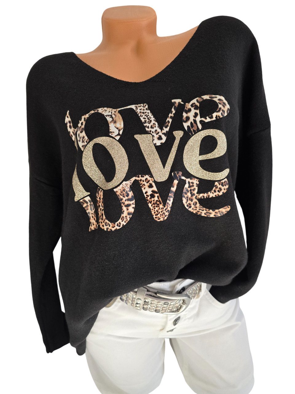 Rehoboth Moda V-Ausschnitt-Pullover mit Schriftzug „Love“ in Glitzer-Optik, günstig online kaufen
