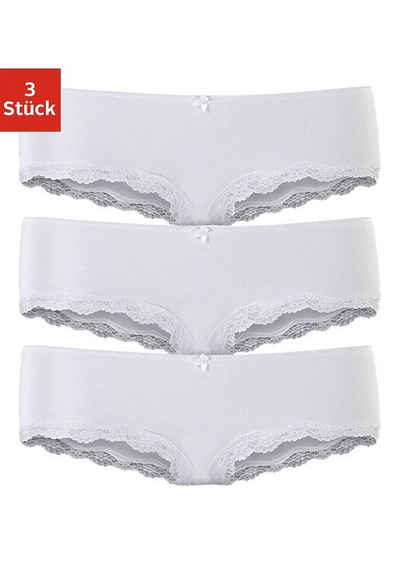 LASCANA Panty (Packung, 3-St) aus elastischer Baumwolle mit zarter Spitze