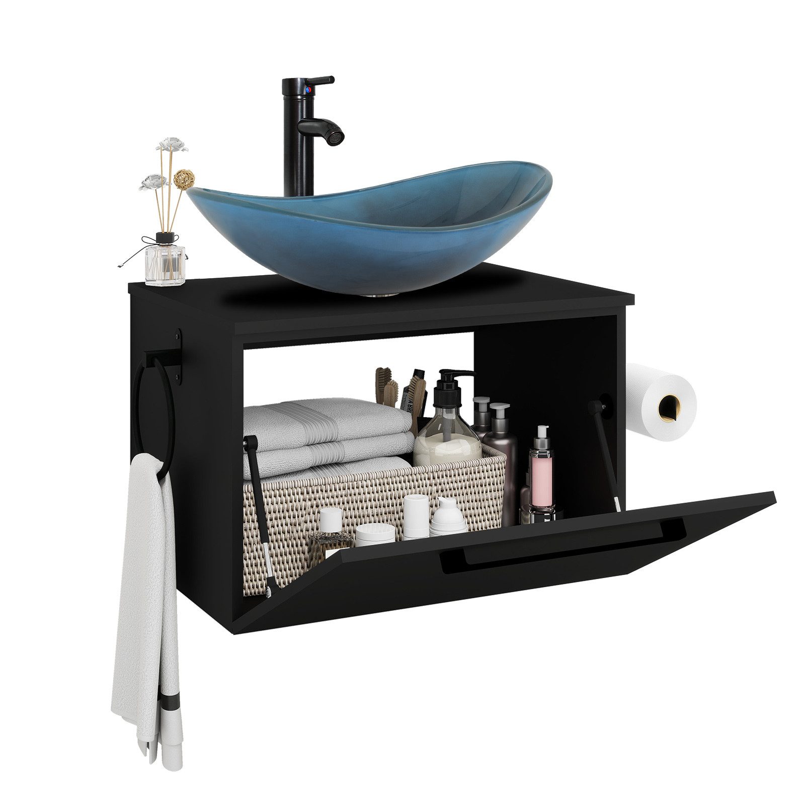Puluomis Badezimmer-Set Waschbeckenunterschrank 60cm mit Waschbecken, (mit Handtuchring, Klopapierhalter)