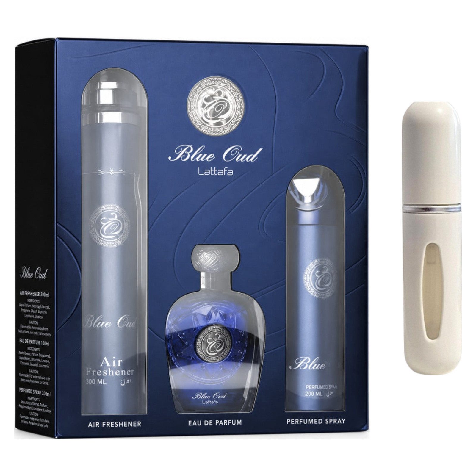 Lattafa Duft-Set Blue Oud Geschenkset EDP – Orientalisch + Parfümzerstäuber (leer)