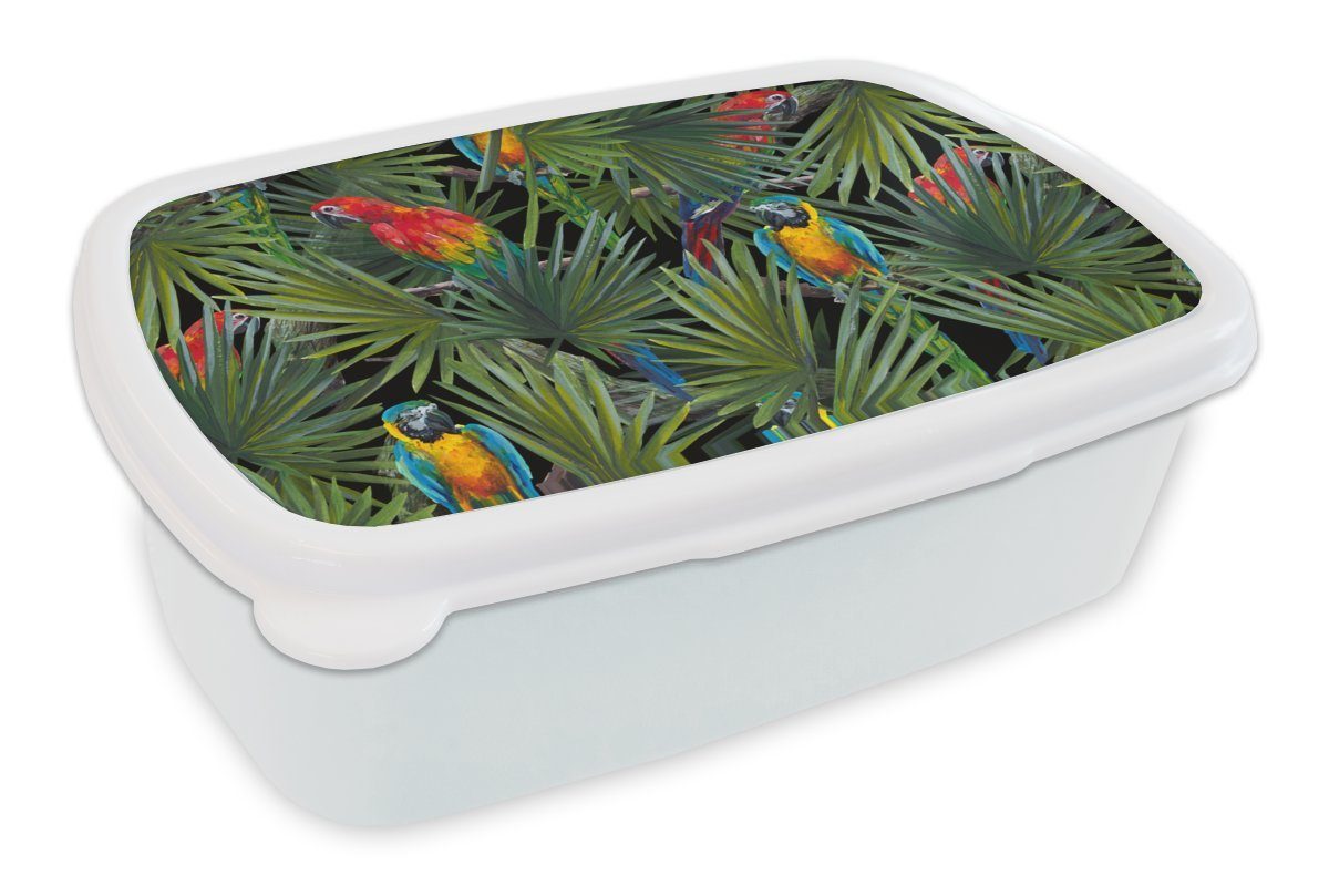 MuchoWow Lunchbox Papagei - Dschungel - Muster, Kunststoff, (2-tlg), Brotbox für Kinder und Erwachsene, Brotdose, für Jungs und Mädchen weiß