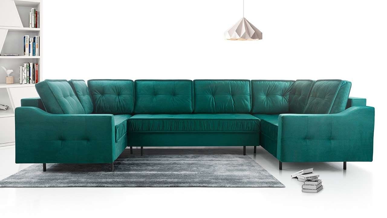 MKS MÖBEL Ecksofa ABETO U, Wohnlandschaft - U-Form Couch mit Schlaffunktion - Bettsofa Grün Monolith | Ecksofas