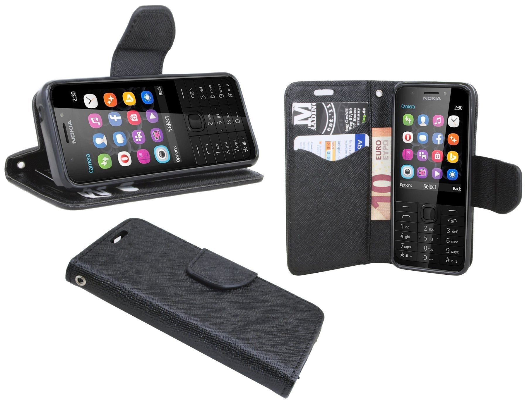 cofi1453 Smartphone-Hülle Elegante Buch-Tasche Hülle für das NOKIA 230 Schwarz Leder Optik