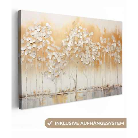 OneMillionCanvasses® Leinwandbild Bäume - Kunst - Acryl - Natur, Gold, Grau (1 St), Leinwand Bilder Klein, Wand Dekoration 30x20 cm