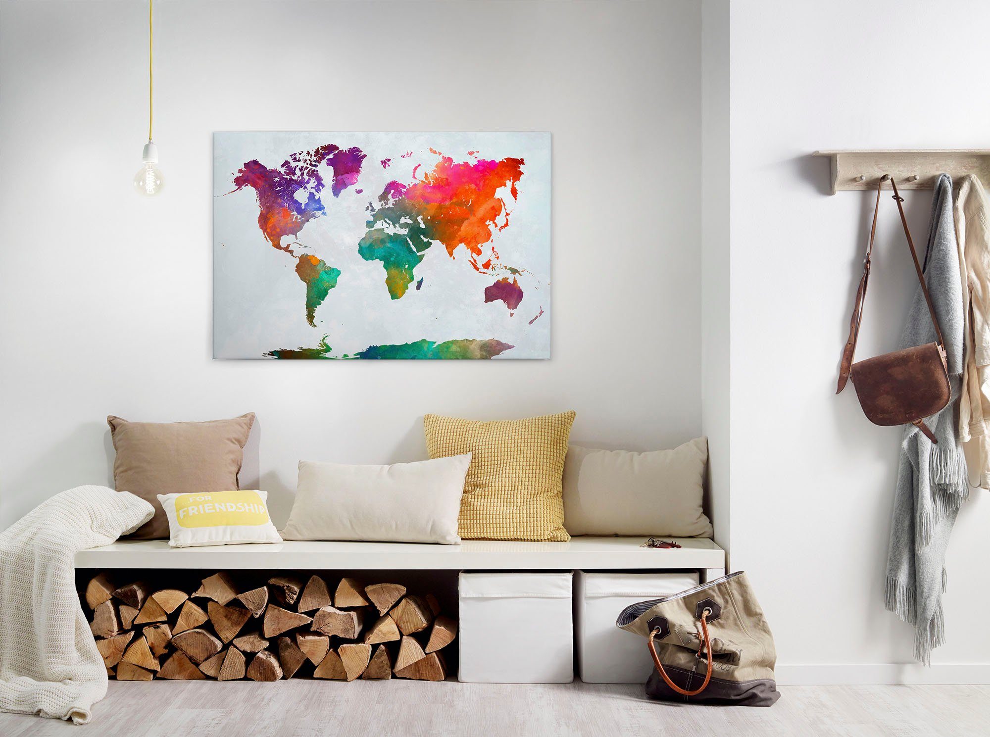 A.S. Création Leinwandbild Global Map, Kinder, Kunst, Weltkarte (1 St), Atlas Weltkarte Bunt Aquarell Keilrahmen Leinwand-Bild Wohnzimmer Wand
