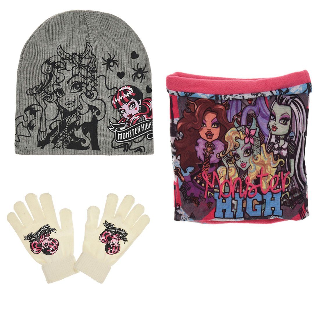 Monster High Schlupfmütze Monster High Girls 3tlg Set Kinder Mütze Wintermütze Handschuhe Loop Gr. 52 bis 54 Grau-03