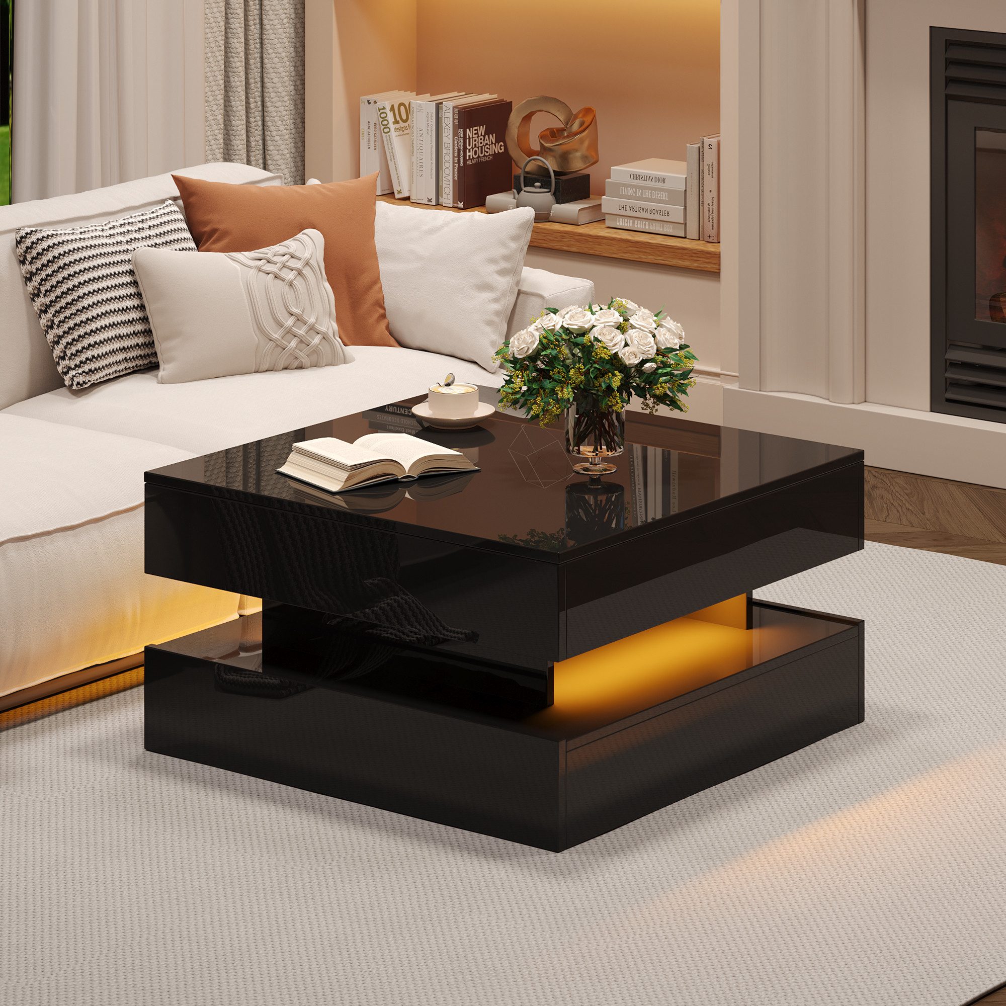 Merax Couchtisch hochglanz Sofatisch anhebbarer Beistelltisch mit LED-Beleuchtung (65 x 65 x 38.5 cm, 1-St., für Wohnzimmer, Homeoffice & kleine Wohnungen), Qua – Bild 4 von 5
