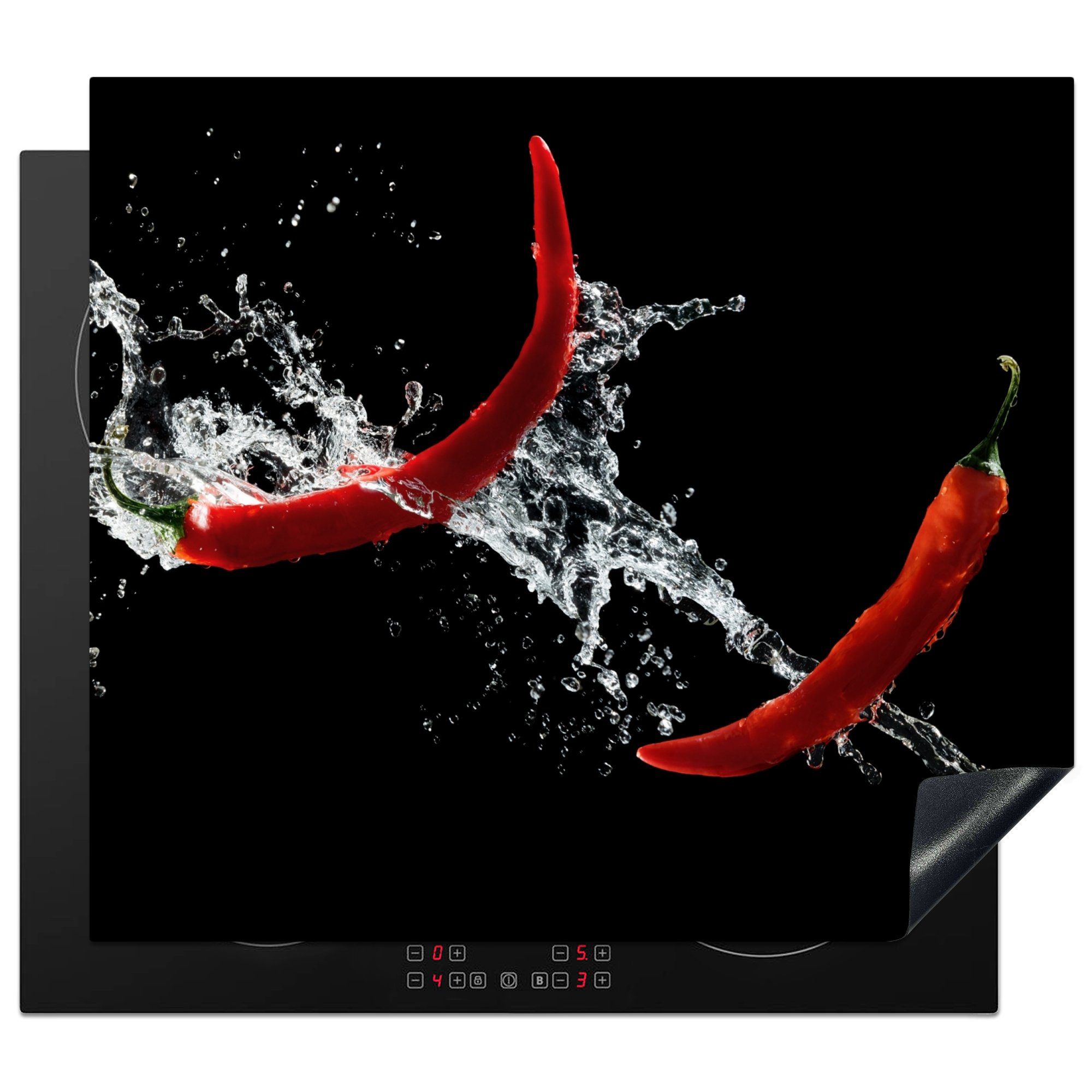 MuchoWow Herd-Abdeckplatte Chilischote - Stilleben - Wasser - Schwarz - Rot, Vinyl, (1 tlg), Ceranfeldabdeckung Küche, Herdabdeckplatte Einteilig, 60x52 cm