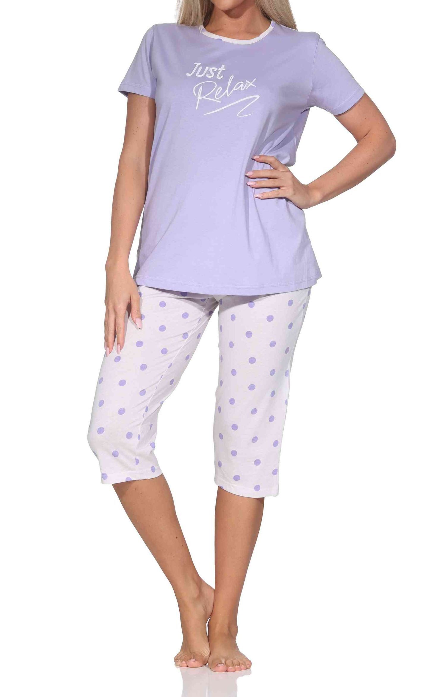 Normann Pyjama Normann Damen kurzarm Capri Schlafanzug Pyjama in Tupfen Punkte Optik