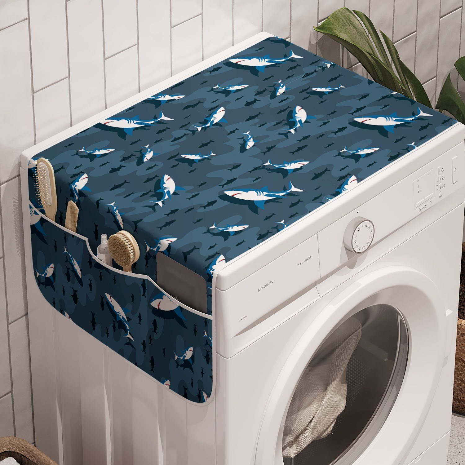 Abakuhaus Badorganizer Anti-Rutsch-Stoffabdeckung für Waschmaschine und Trockner, Nautisch Frolicking Sharks Cartoon