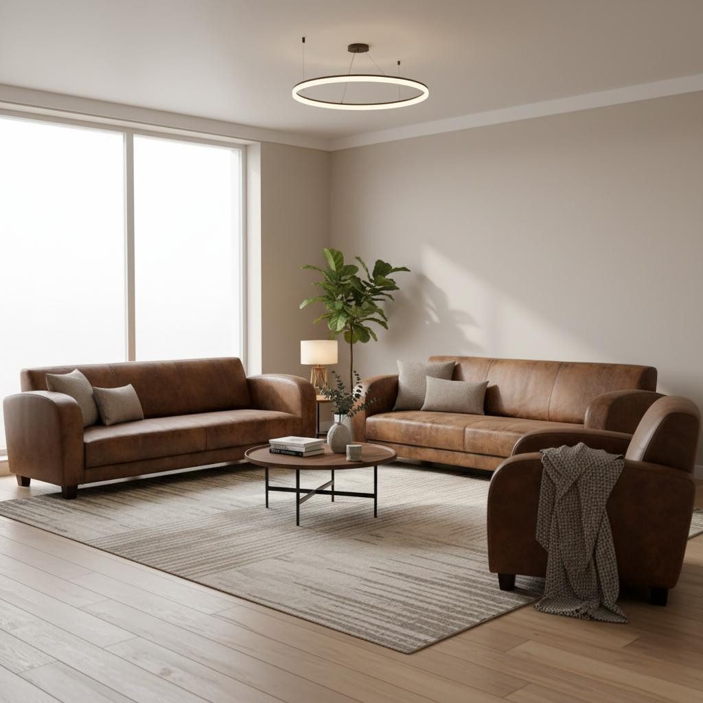 JVmoebel Polstergarnitur Braunes Wohnzimmer-Set 3+3+1-Sitzer Ledersofas & Sessel, (3-tlg), Made in Europa