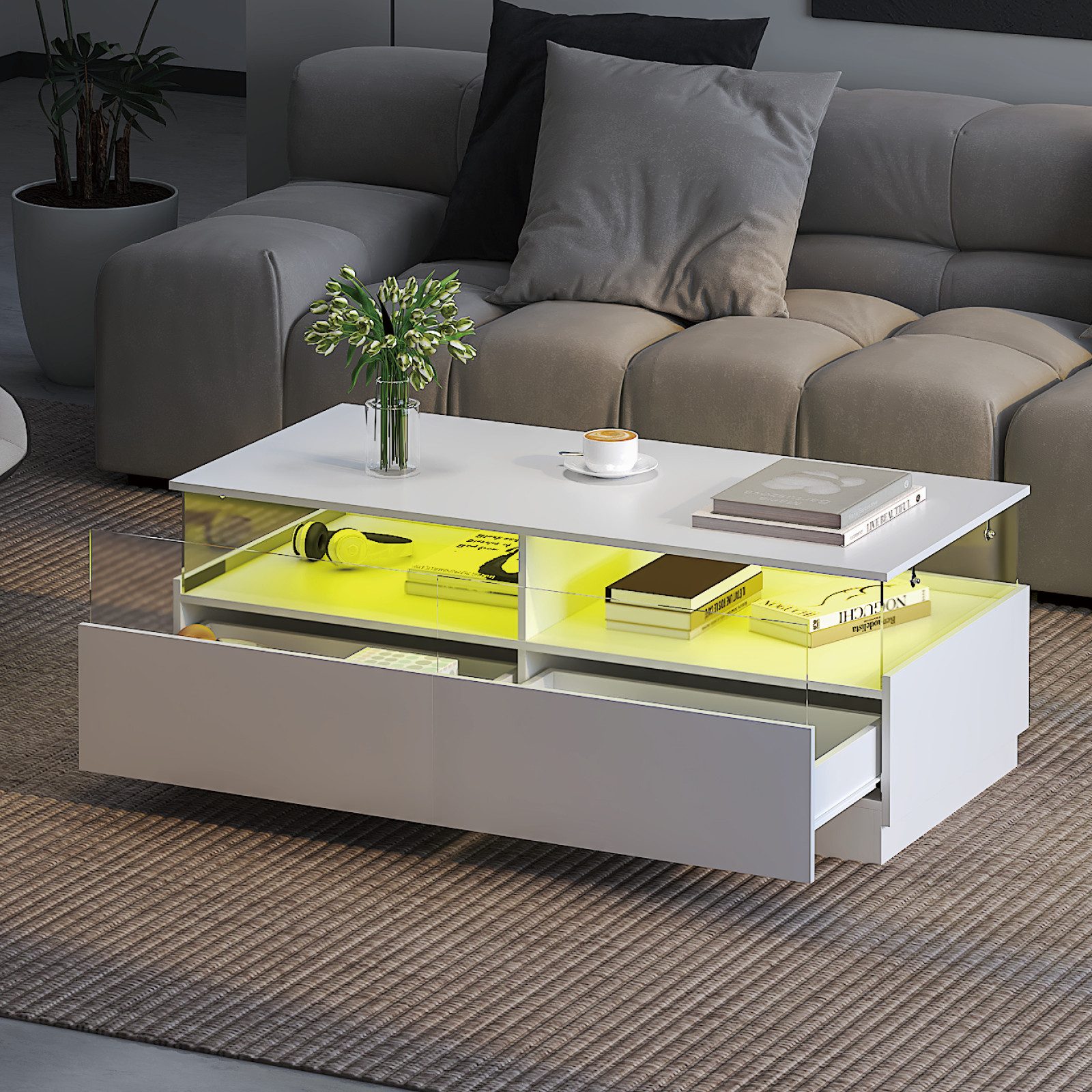 radelldar Couchtisch mit LED-Beleuchtung und 2 Acryltüren-Schubladen (1-St), Wohnzimmertisch Beistelltisch 108 x 50 x 40 cm