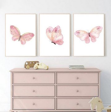 TPFLiving Kunstdruck (OHNE RAHMEN) Poster - Leinwand - Wandbild, Rosa Schmetterlinge für Kinderzimmer - Auch im 3er Set (Mädchenzimmer, Babyzimmer, Jungenzimmer, Kindergarten), Farben: Pastel, pink, rosa, weiß - Größe: 10x15cm