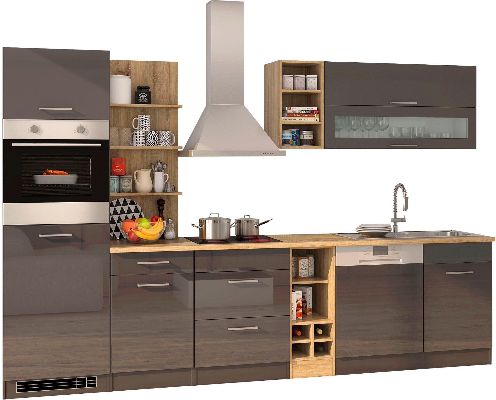 cm, mit und E-Geräten, Einbaugeräte-Set HELD 310 Breite Küchenzeile Mailand, mit Küchenzeile Weinregal MÖBEL