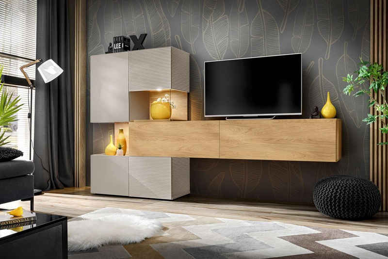 Stylefy Wohnwand Eryk, (Wohnmöbel, Wohnzimmer-Set), Wohnwand, viel Stauraum, stehend, LED-Beleuchtung, mit Glaseinsatz