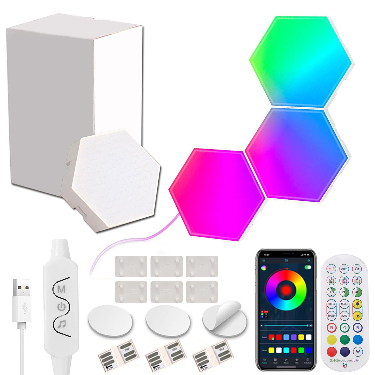 Rosnek LED Dekolicht RGB, Musiksyn, App/Fernbedienung, für Schlafzimmer Spielzimmer Deko, mit festen Schnallen, RGBCCT, Ambiente-Wandleuchten, LED Sechseckleuchten | Leuchtfiguren