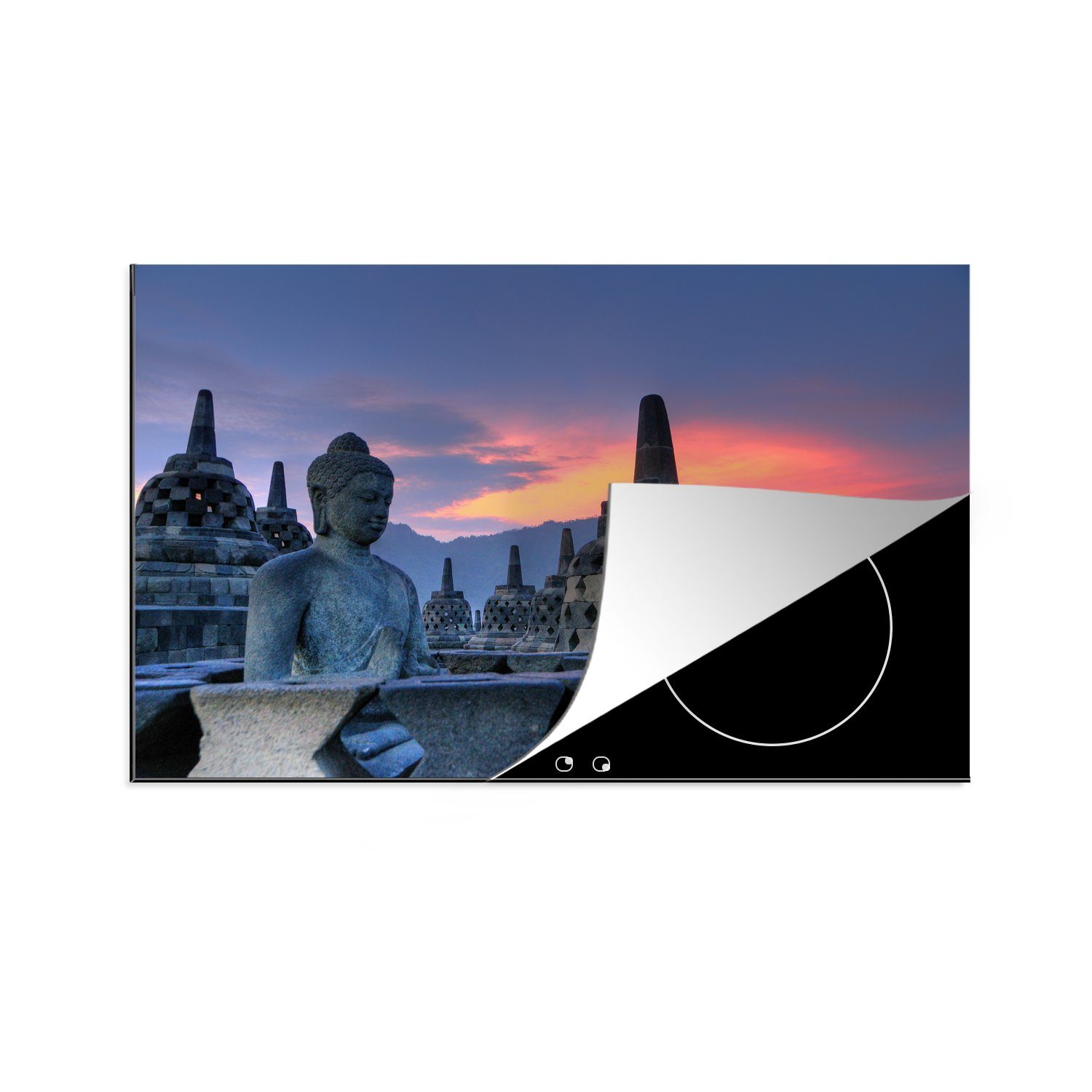Vinyl, MuchoWow die 81x52 in (1 tlg), cm, über Ceranfeldabdeckung Herdblende-/Abdeckplatte küche, Indonesien, Induktionskochfeld Himmel Schutz Oranger dem Borobudur-Tempel für