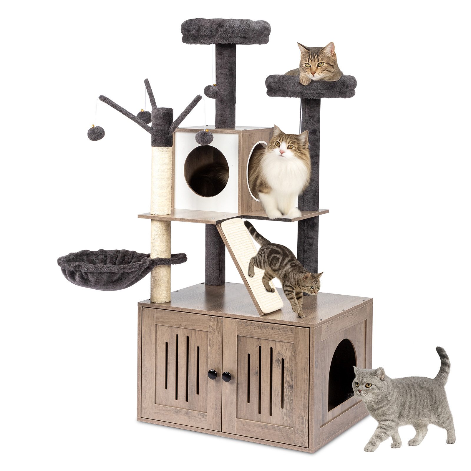 LALAHO Kratzbaum mit Katzenklo Schrank, 134,5 cm hoch, mit Liegemulde, Kratz Stämmen, Plüschbälle