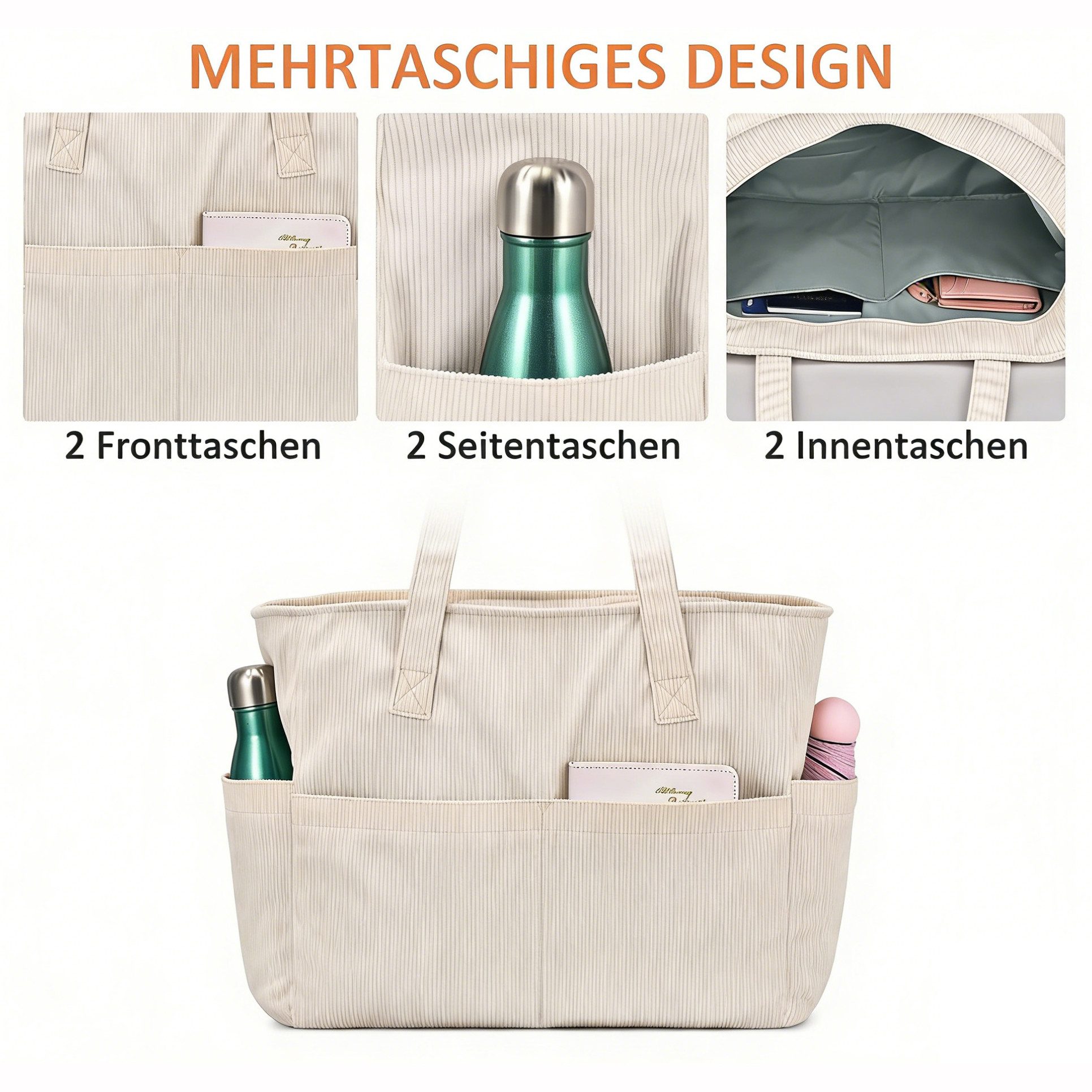 nsihing Schultertasche Damen-Cord-Schultertasche, große Tote-Bag Einkaufstasche/Handtasche, Faltbare Umhängetasche für Arbeit, Schule, Fitnessstudio und Reisen – Bild 5 von 5