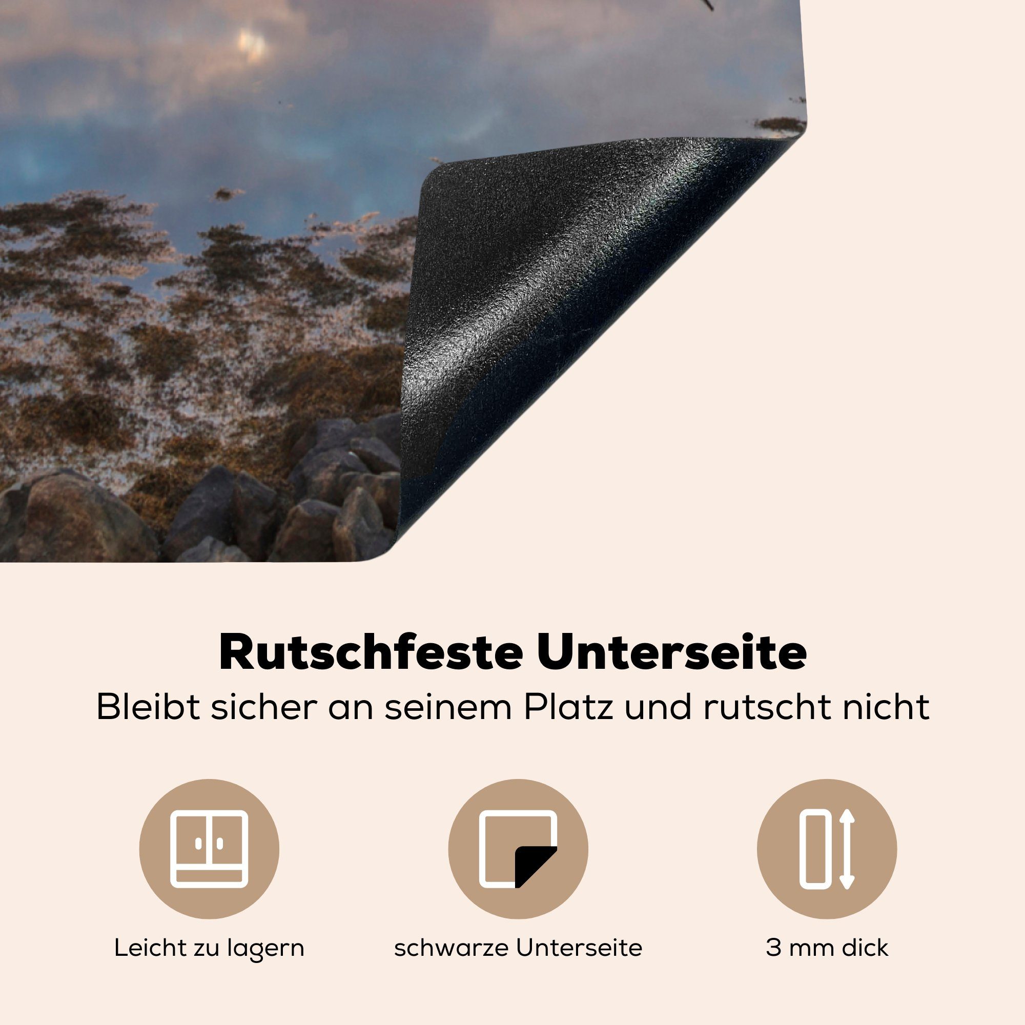 für an Ceranfeldabdeckung, einem tlg), Arbeitsplatte Sonnenuntergang Herdblende-/Abdeckplatte cm, (1 Lofoten, küche auf Vinyl, MuchoWow 78x78 See den